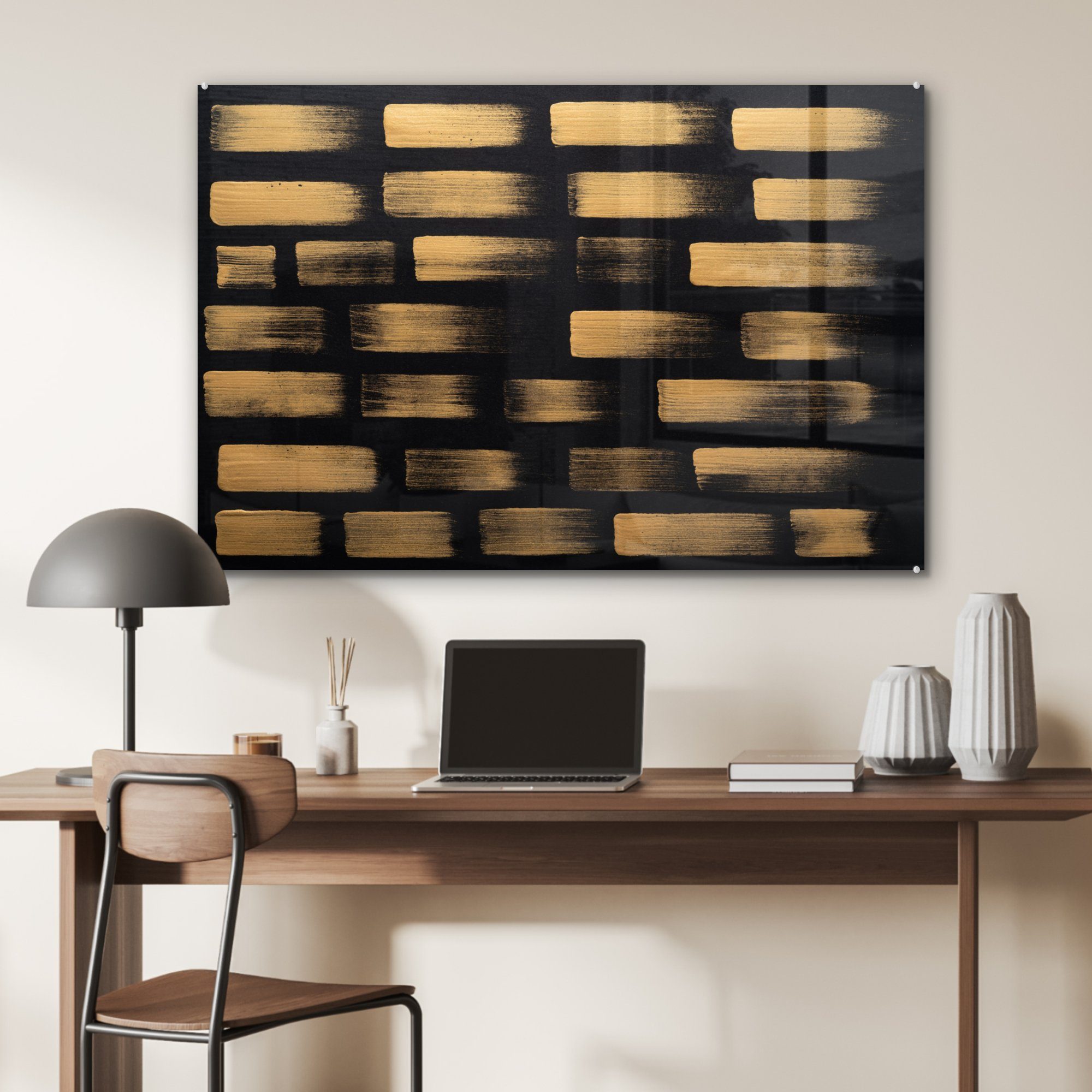 Acrylglasbild MuchoWow Papier, auf Wohnzimmer Acrylglasbilder & St), Streifen Goldfarbene (1 Schlafzimmer schwarzem