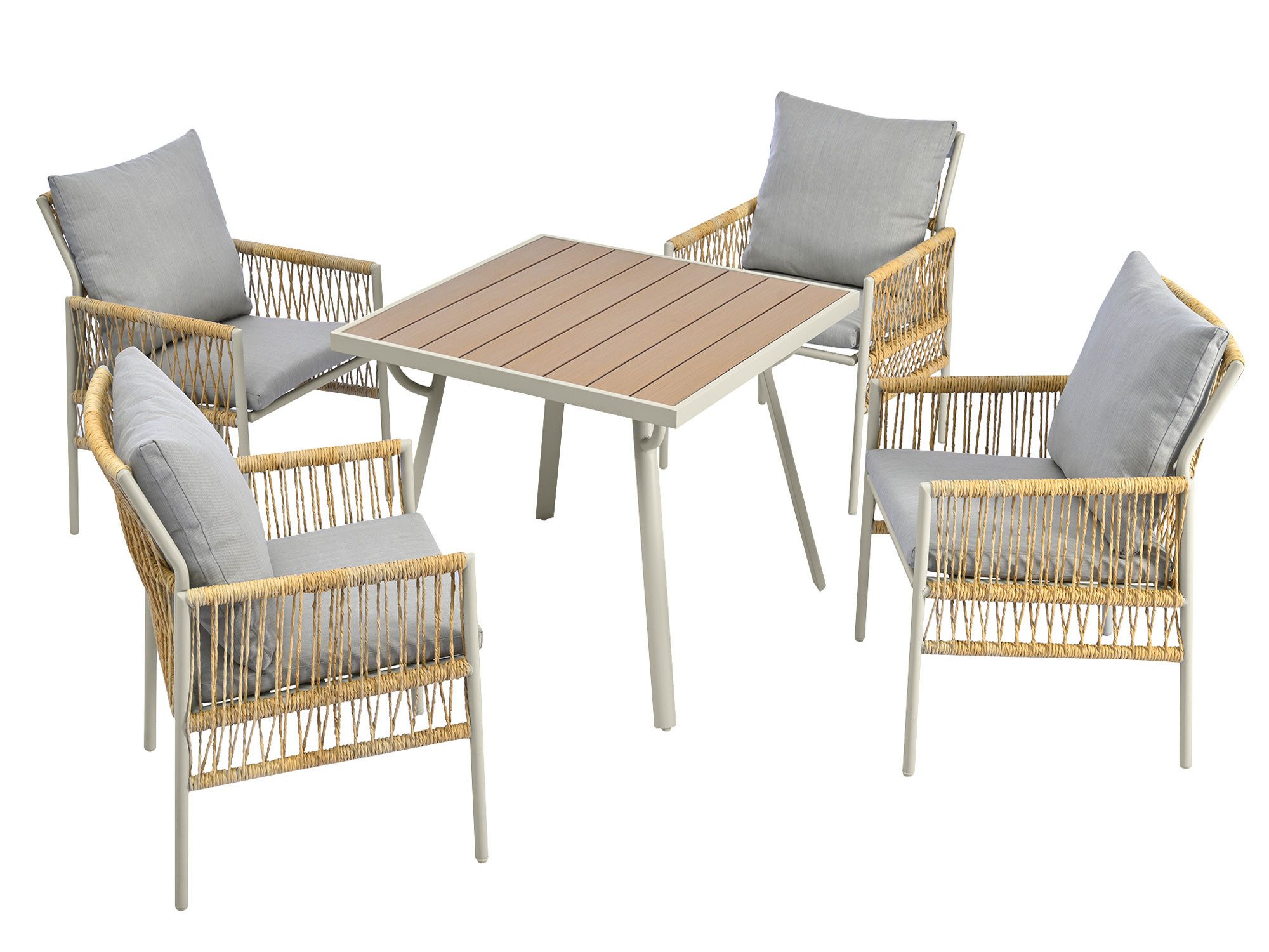 GelldG Garten-Essgruppe 4 Sessel, 1 Tisch, PE-Rattan mit verstellbaren Füßen, inkl Sitzkissen, (5-teiliges Esstisch-Set, 5-tlg., 4 Sessel, 1 Tisch), Leichter Rahmen aus verzinktem Eisen, umweltfreundliche Materialien