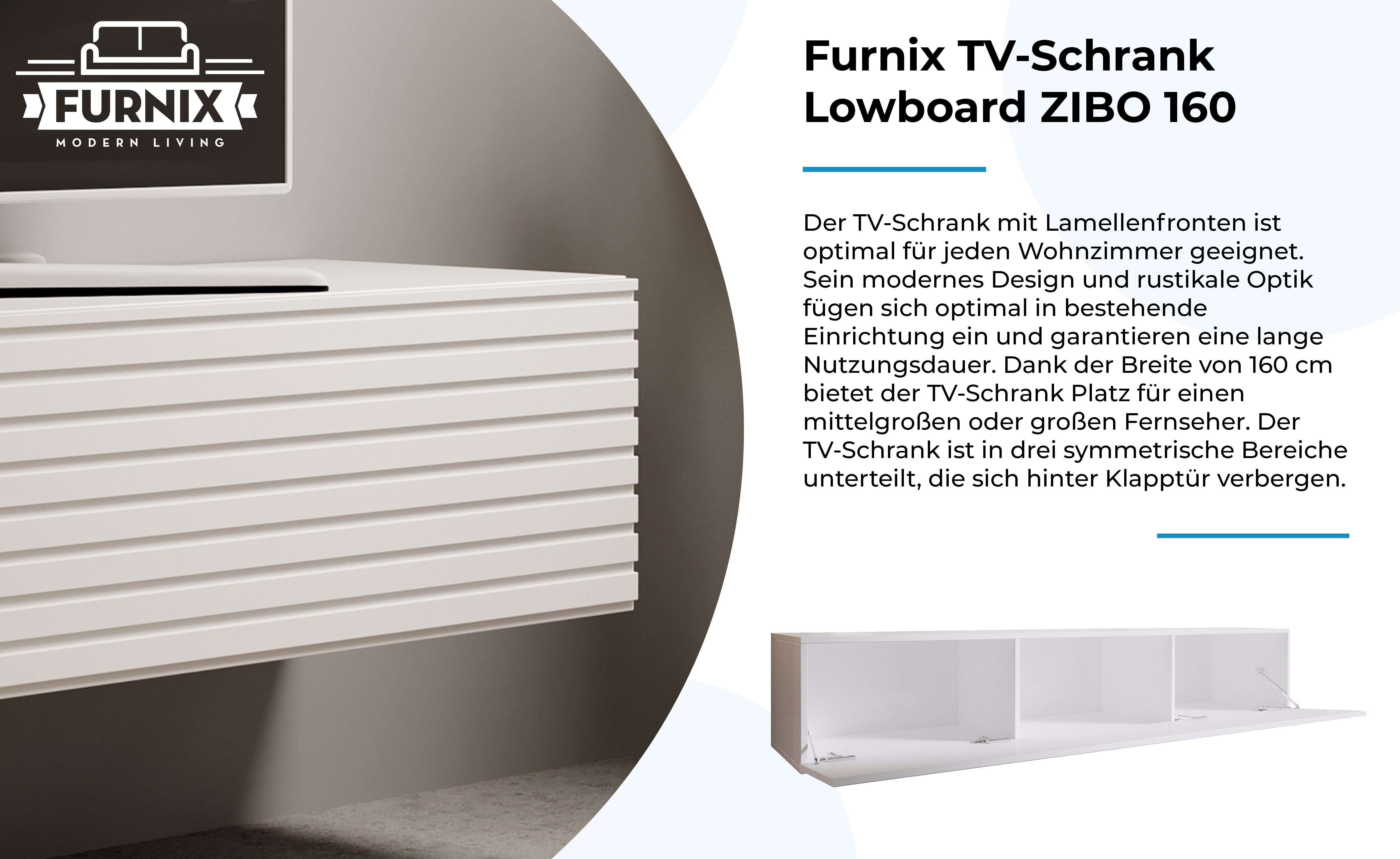 Furnix TV-Schrank 160 Lamellen x Weiß/Weiße ZIBO B160 mit x H34 Designerschrank cm Lamellenfront T40 Lowboard Hängeschrank