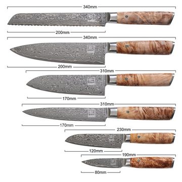 ZAYIKO Messer-Set Kinone 6er Damastmesser-Set I 8-20 cm Klingen I Wurzelholzgriffe Birke, dunkler Damaststahl