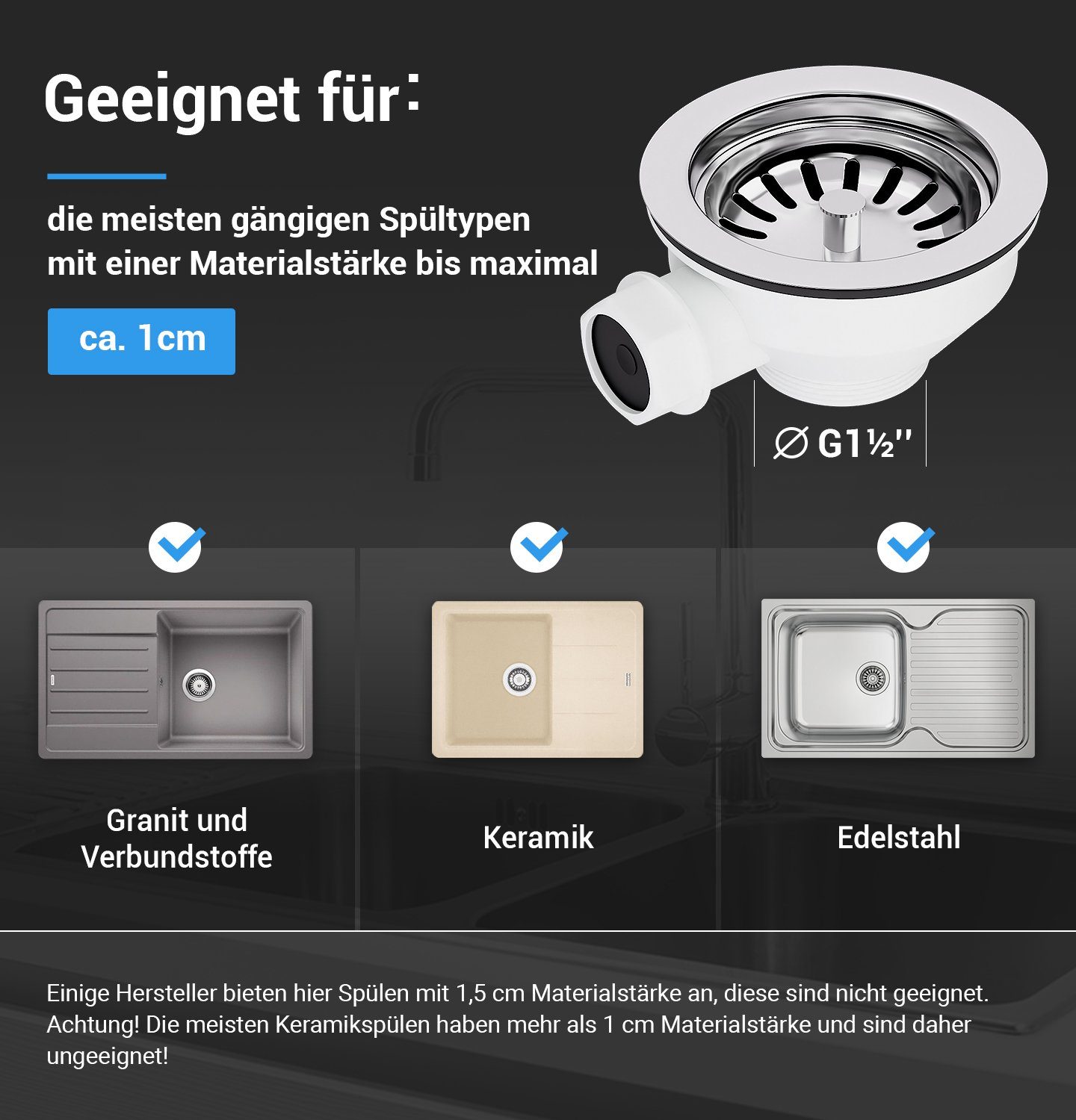 AQUADE Siebventil Ø 114 mm, 1-tlg., Siebkorbventil mit Anschluss für seitlichen Überlauf für Spüle