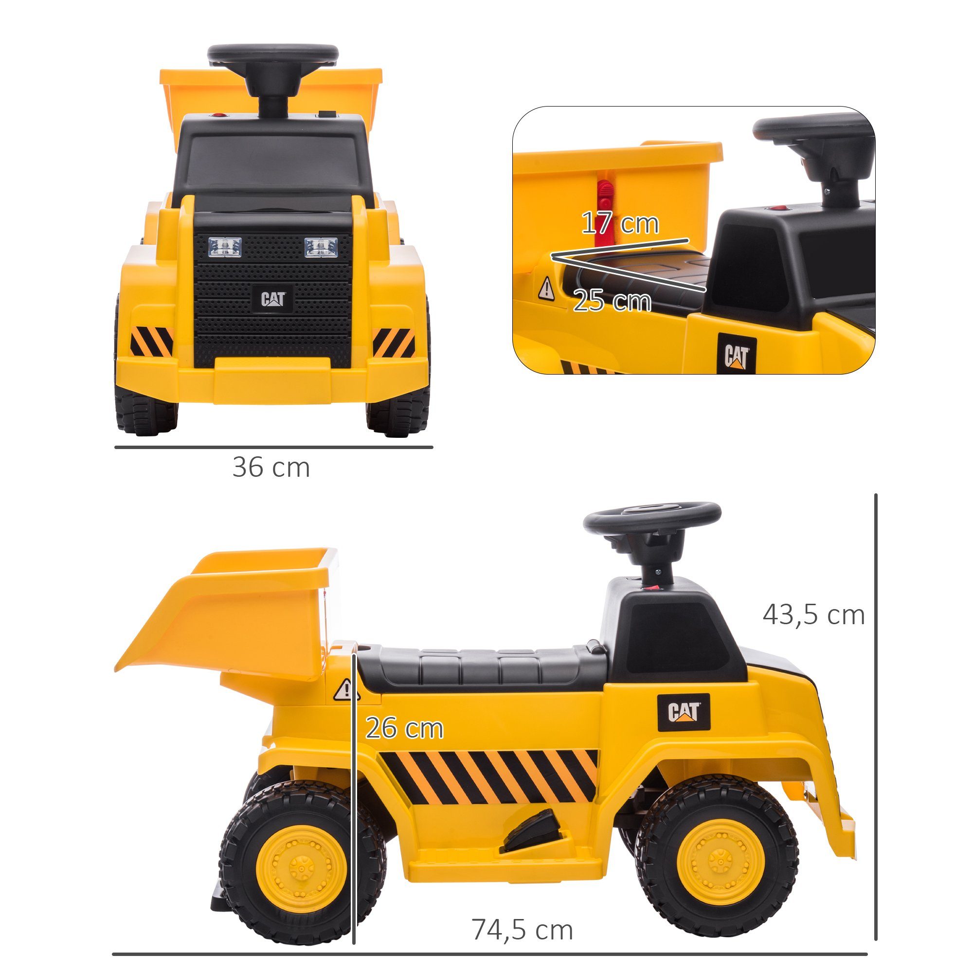 HOMCOM Elektro-Kindertraktor Spielfahrzeug mit kippbarer Ladefläche, Hupe, Elektroauto für Kinder, Belastbarkeit 25 kg, (1-tlg), Gelb 74,5 x 36 x 43,5 cm
