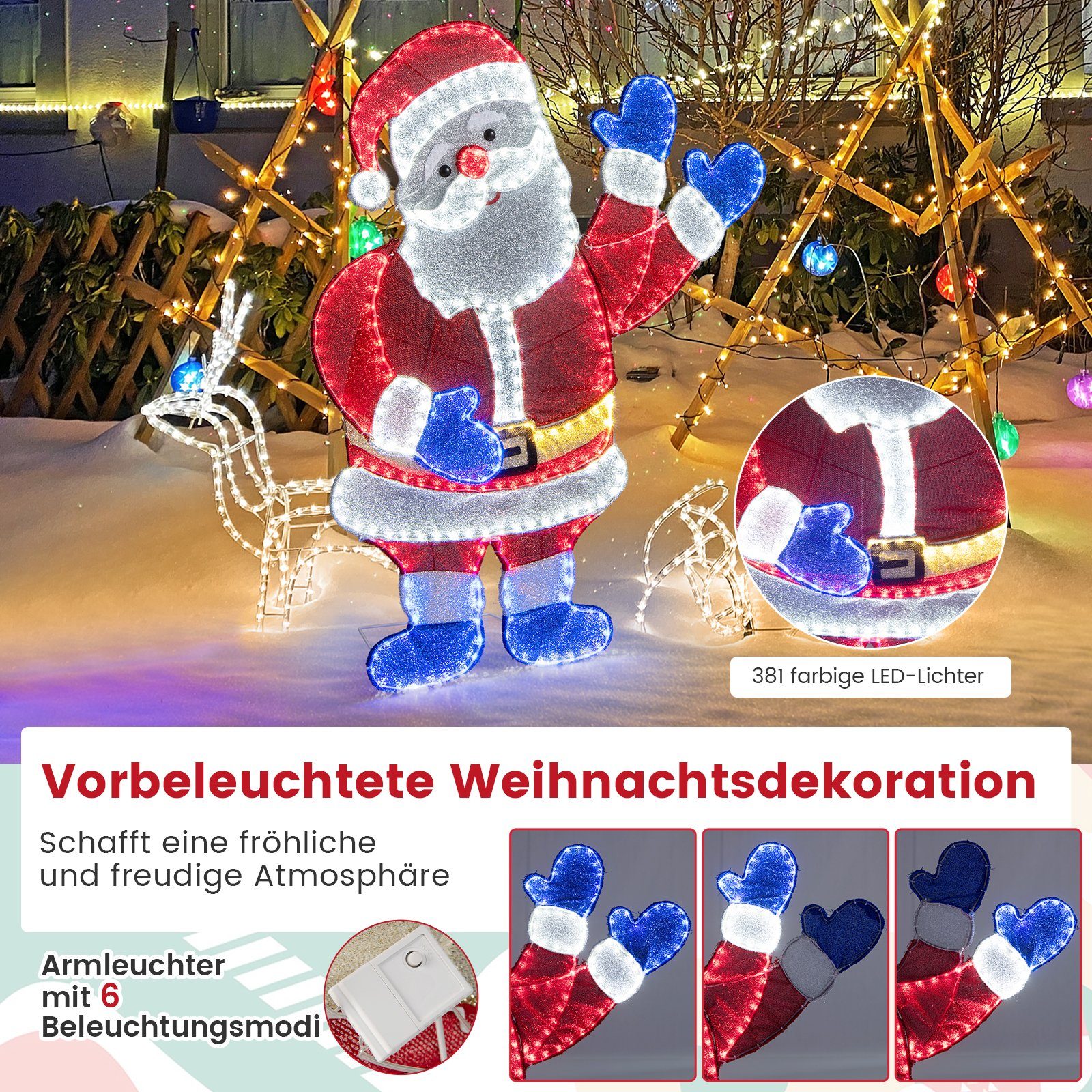 mit LEDs 381 LED & Weihnachtsdeko Weihnachtsmann, COSTWAY Beleuchtungsmodi 6