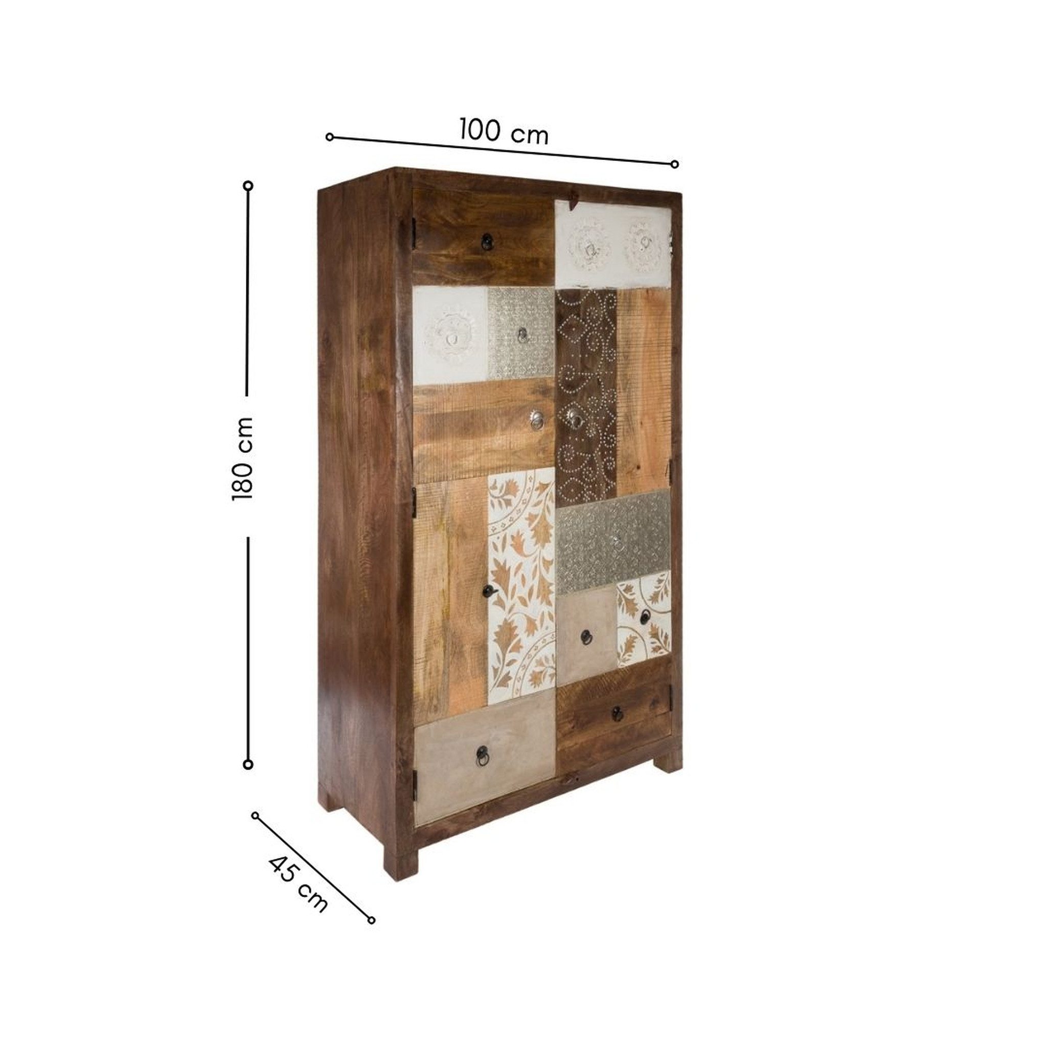 Wohnando Vitrine Moderner, großer Patchwork-Schrank "Alma", 100x45x180cm, Wohnzimmer handgefertigt aus Holz, braun, Schlafzimmer