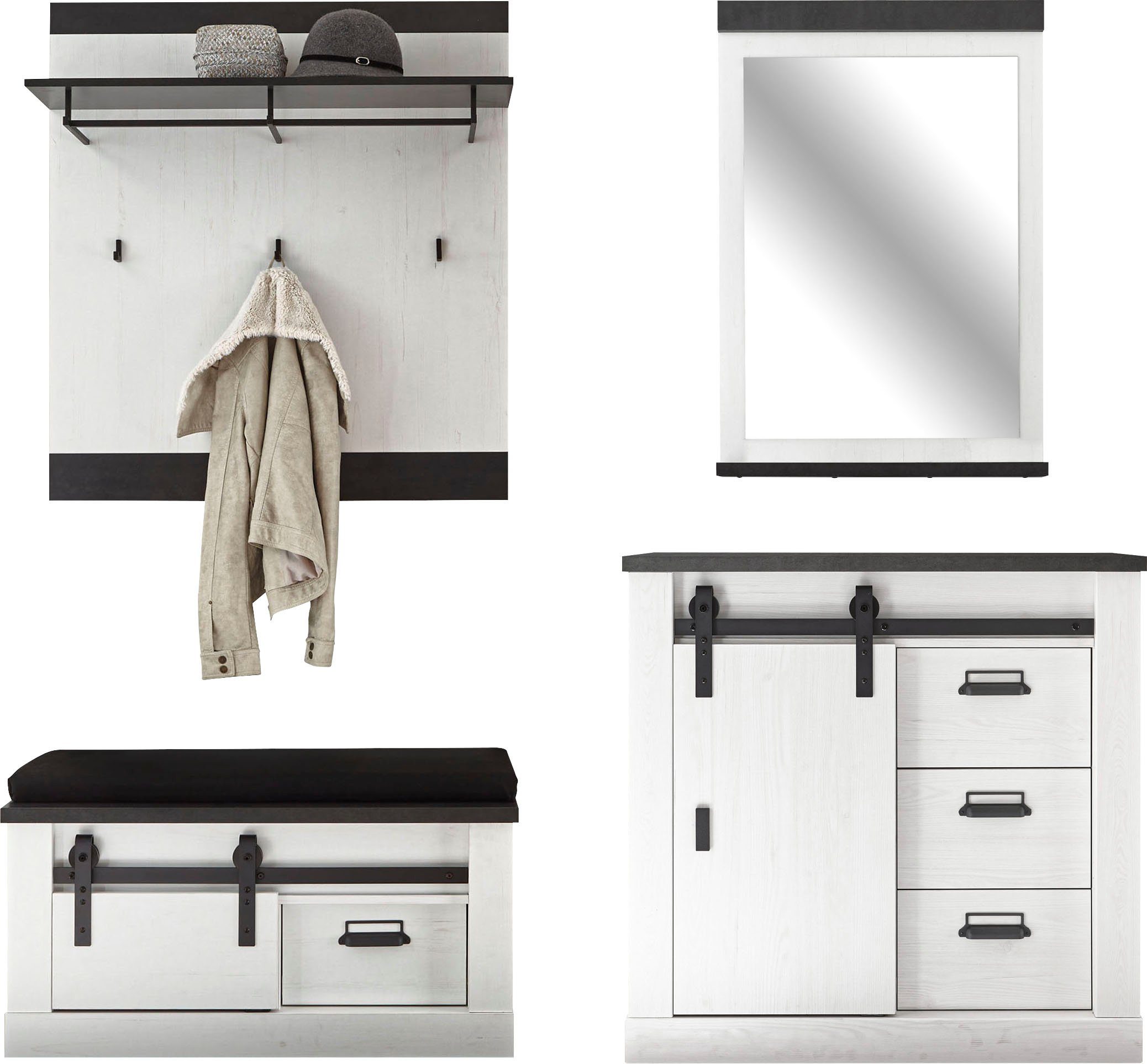 Home affaire Garderoben-Set SHERWOOD, (4-St), mit Scheunentorbeschlag, Apothekergriffe aus Metall