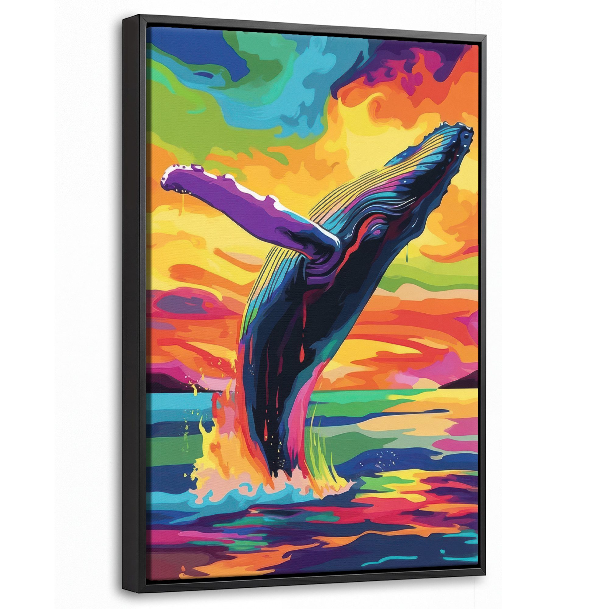 OneMillionCanvasses® Leinwandbild mit Rahmen - Sonnenuntergang - Wal - Gemalt - Bunt, Fotodruck (1 St), Deko für Wohnzimmer Schlafzimmer Küche 20x30cm