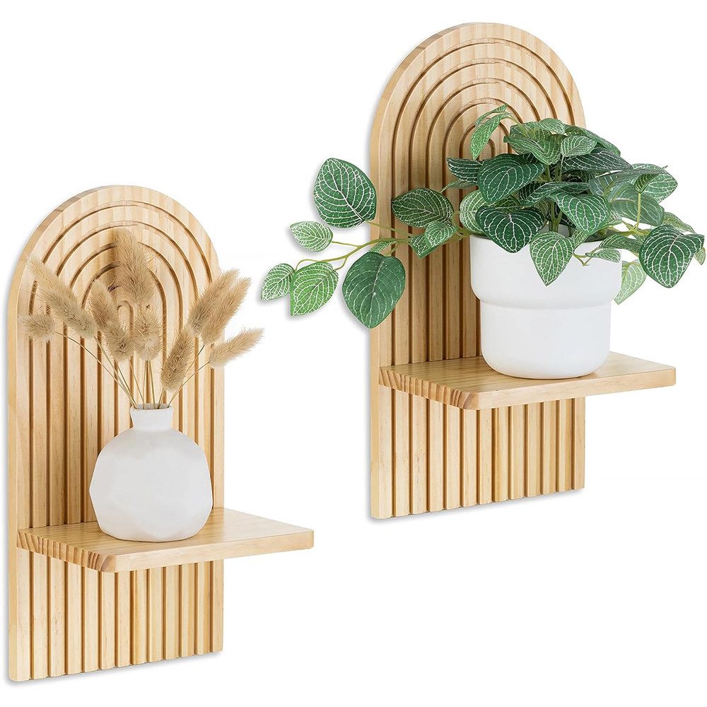 TUWENA Wandregal 2 Stück Wandregal Holz, Boho Wanddeko, Klein Pflanzregal Holzregal, 2-tlg., Wand Regale für Schlafzimmer, Wohnzimmer, Badezimmer, Balkon, Küche