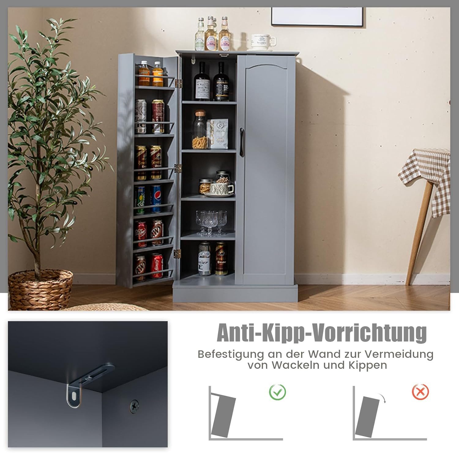 KOMFOTTEU Vorratsschrank Küchenschrank mit Türen,verstellbaren Regalen & Metallgriffen