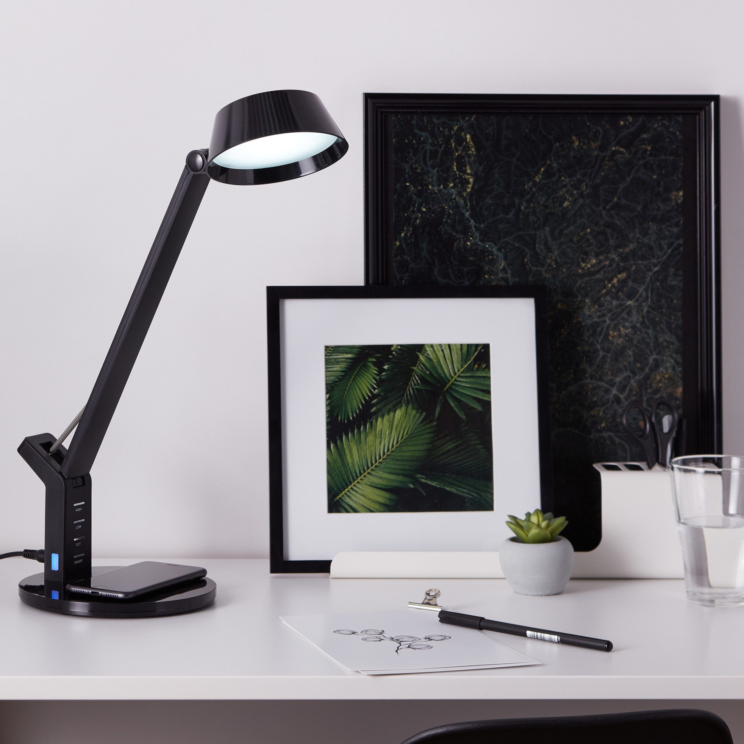 Lightbox Tischleuchte, LED fest integriert, warmweiß - kaltweiß, LED Schreibtischlampe, Induktionsladeschale, 52 cm, Touchdimmer, CCT