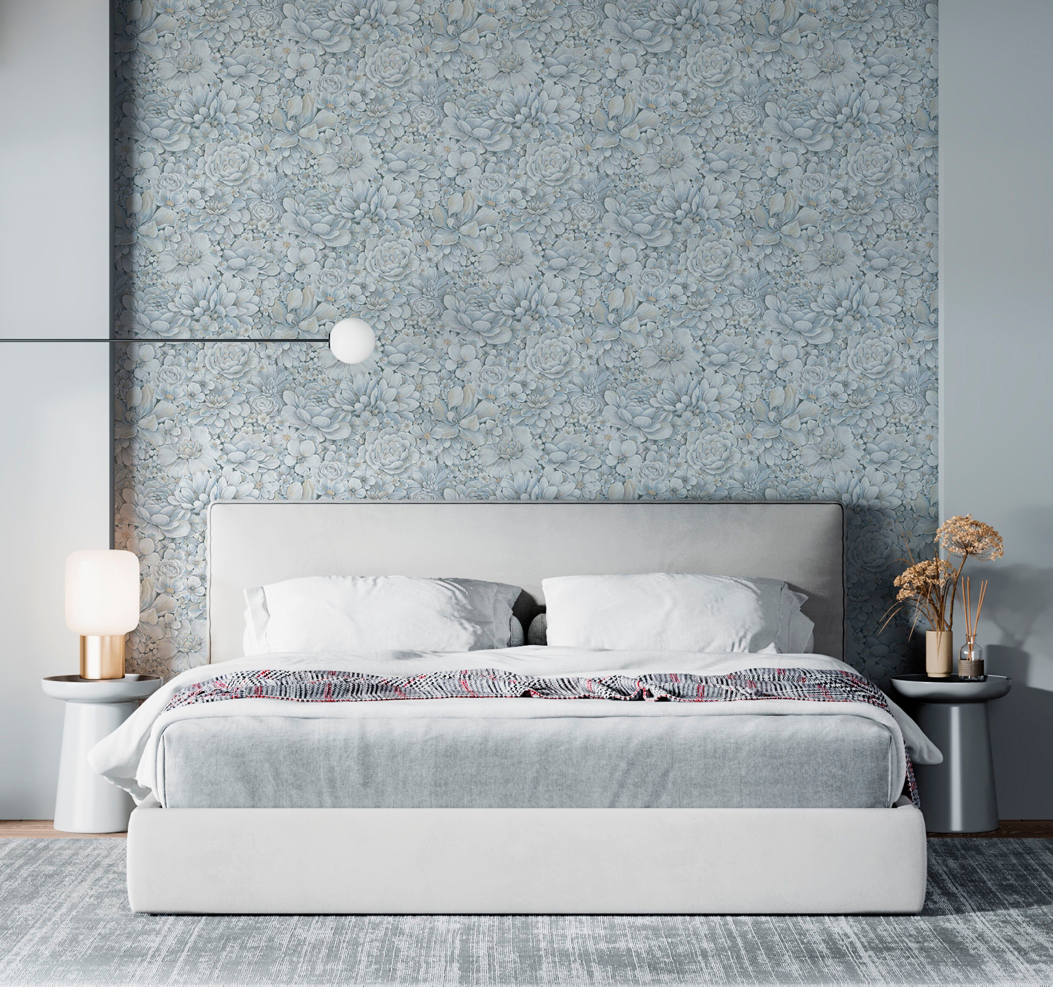 Marburg Vliestapete Blattmotiv blau Flower, Küche geprägt, Wohnzimmer moderne Schlafzimmer Vliestapete matt, für
