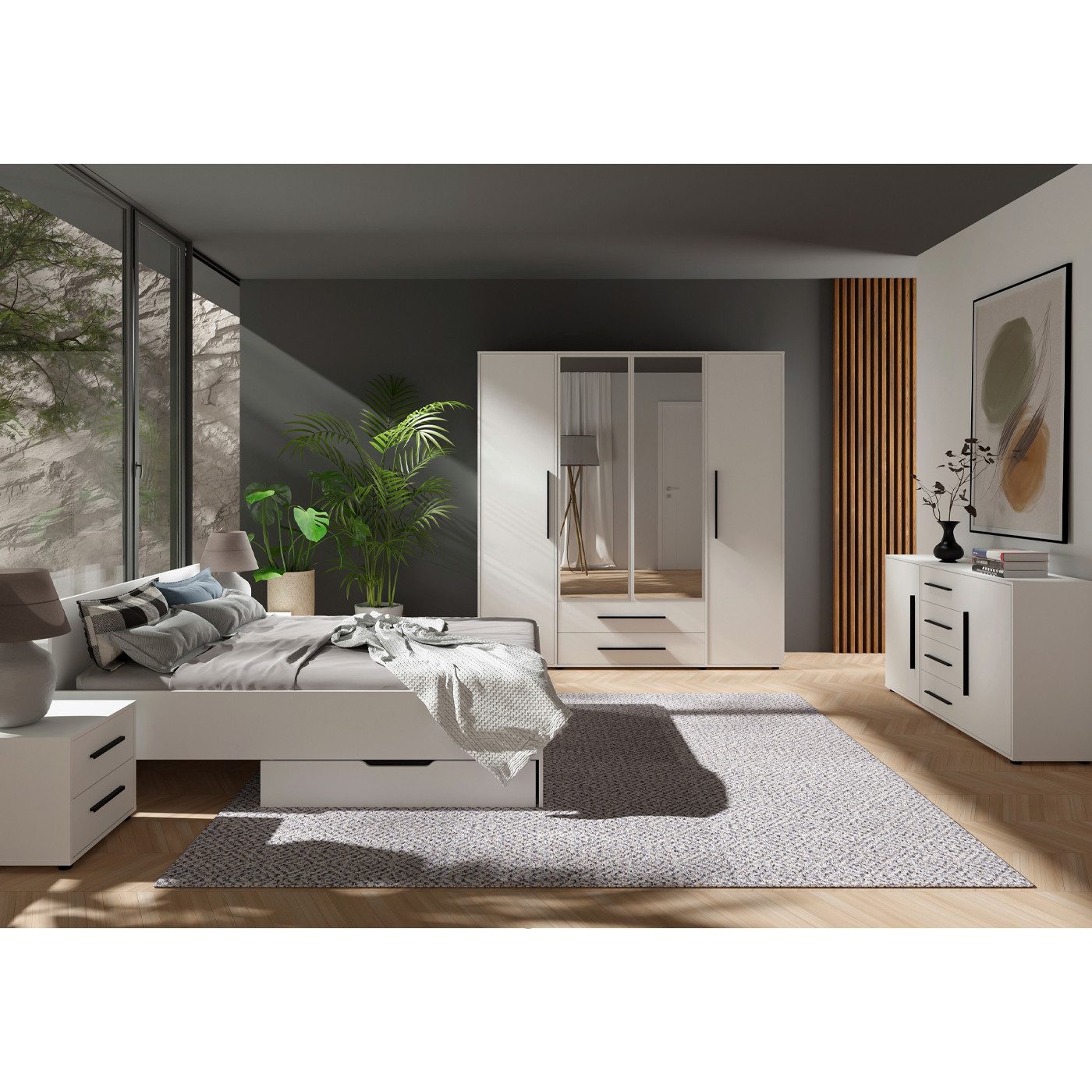 Marmex Möbel Schlafzimmer-Set Maxione MX-SET 2 Bett Spiegelschrank Kommode Nachttisch, Lattenrost, Rollcontainer