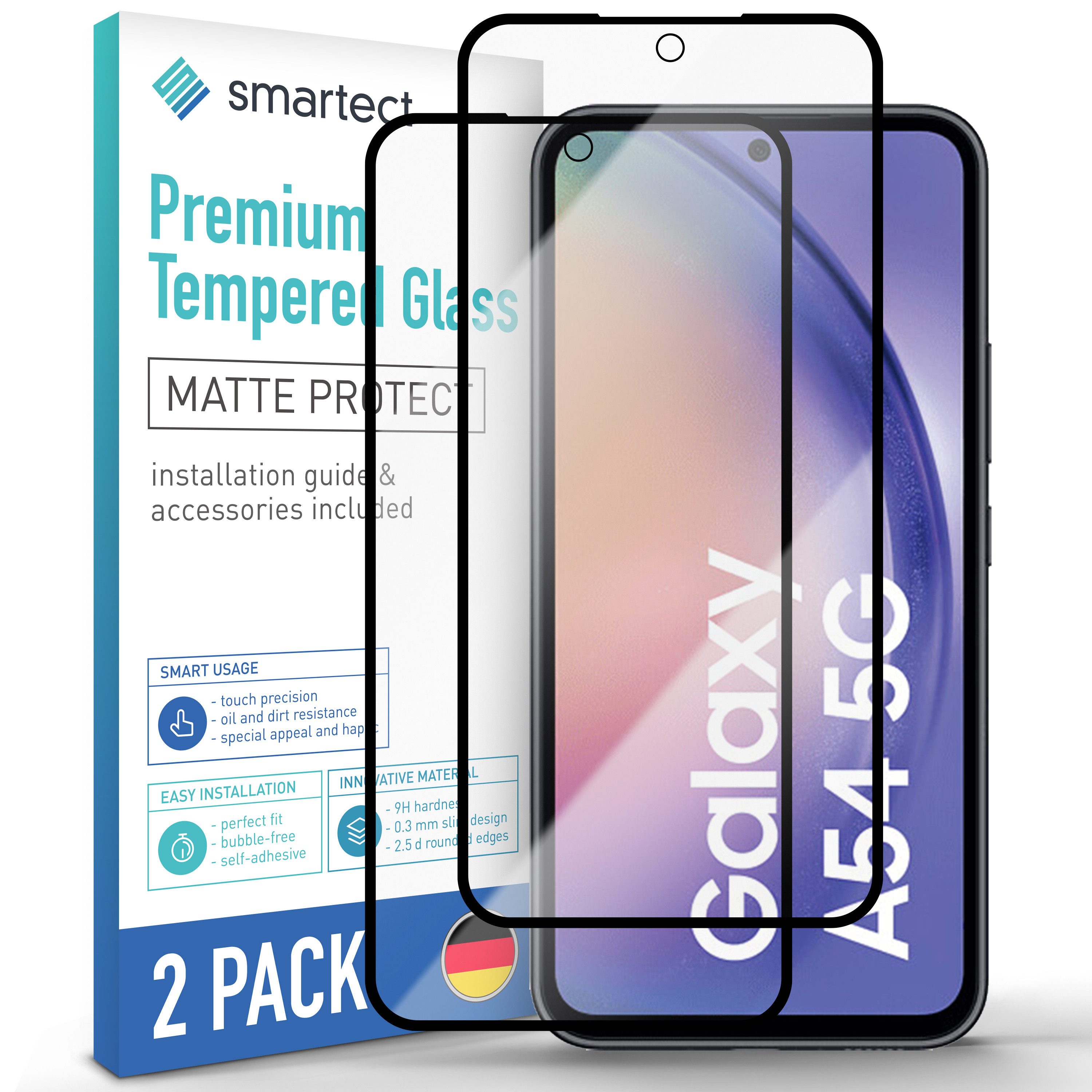 smartect Displayschutzglas 2X Schutzglas Panzerfolie Full Screen Matt für Samsung Galaxy A54 5G für Samsung Galaxy A54 5G, Set, 2 Stück, Entspiegelt, 9H Härte, Kratzfest, Stoßfest, Blasenfrei, Oleophob