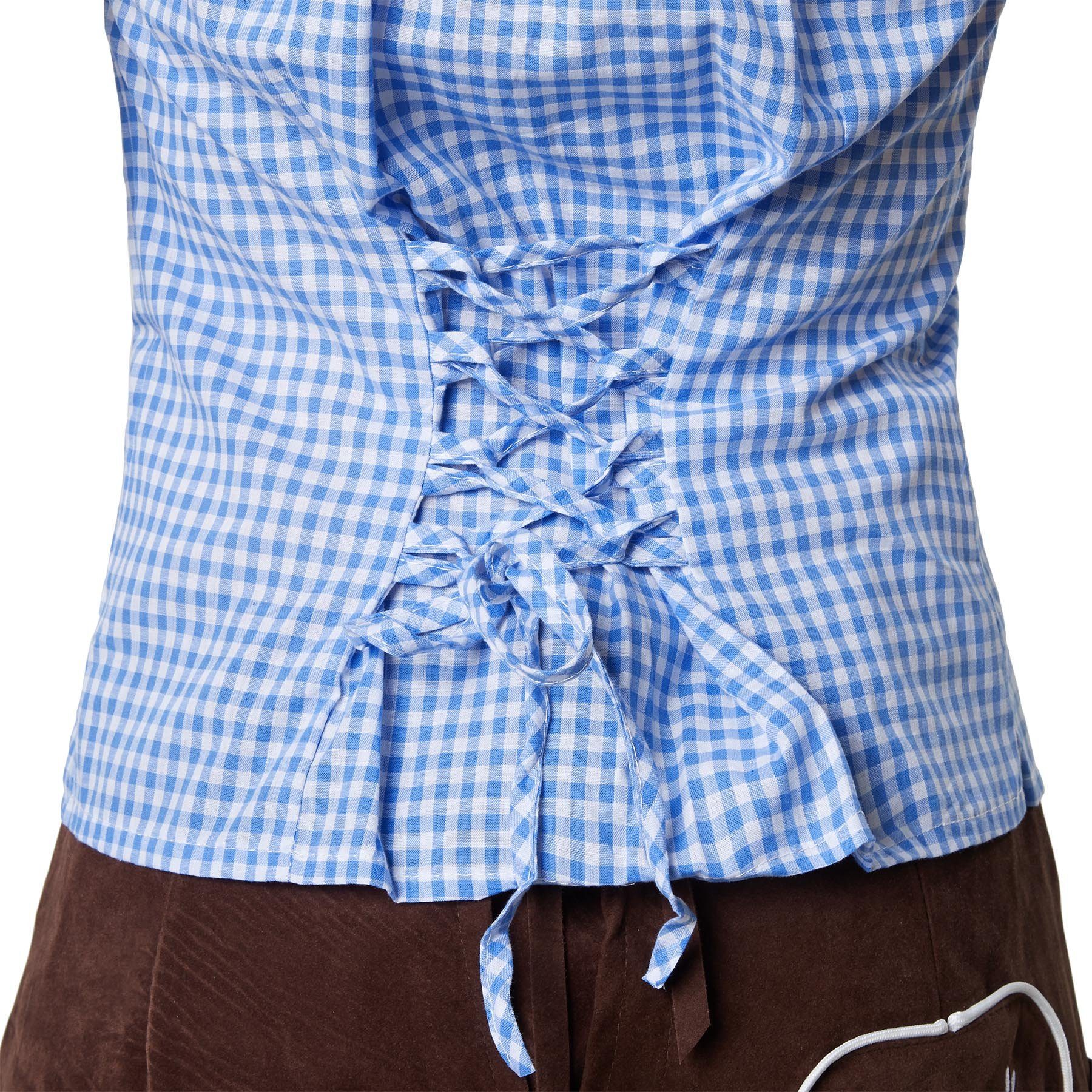 dressforfun Trachtenbluse Kurzärmelige Dirndlbluse aus reiner Baumwolle mit Carmen-Ausschnitt (Landhausbluse Rosi, in blau/weiß) Rüschen-Knopfleiste, Rückenschn – Bild 5 von 5