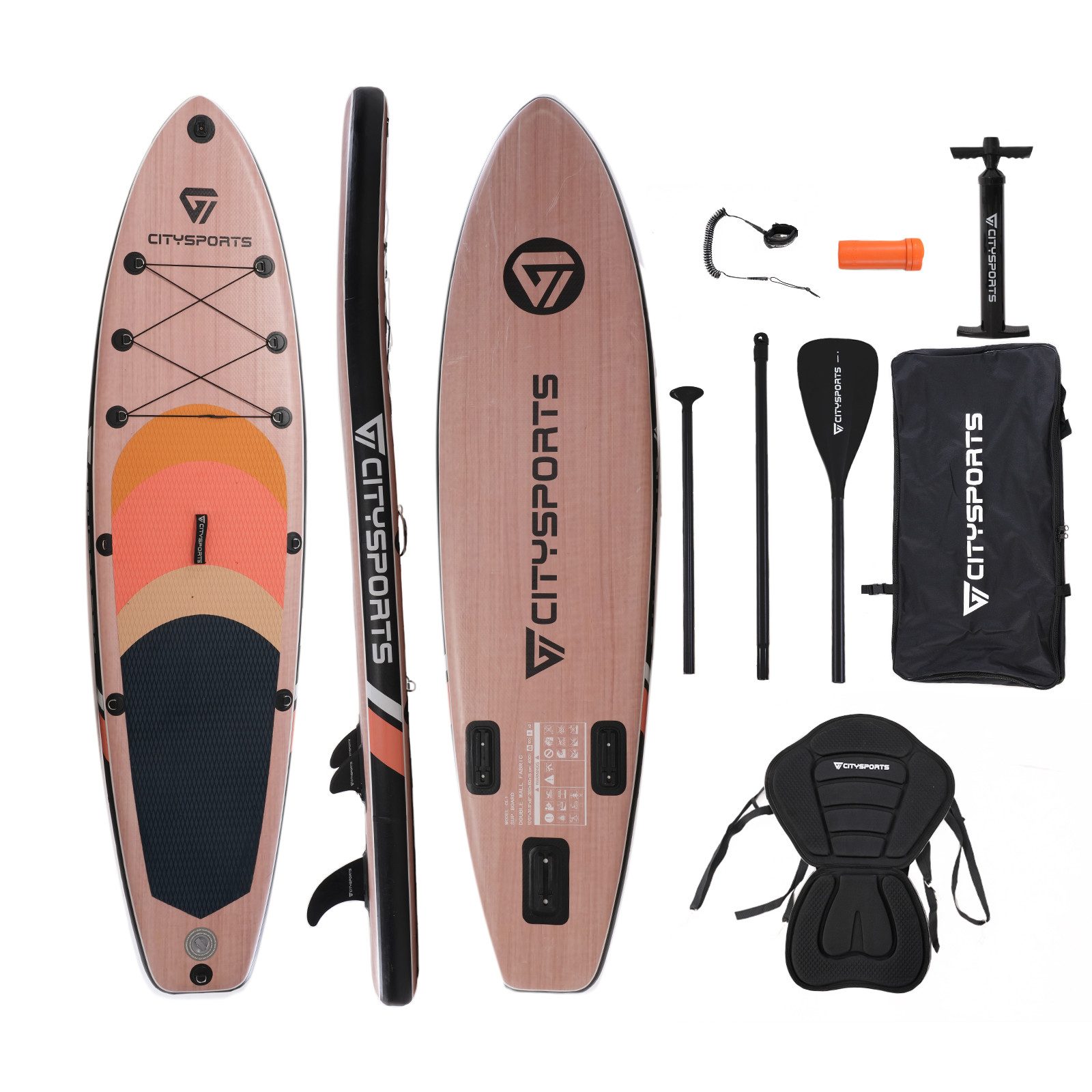 CITYSPORTS Inflatable SUP-Board aufblasbares Stand Up Paddle Board set bis 160/220 kg, Komplettset mit Paddel, Pumpe, Rucksack, Leash, Finnen & Kajak-Sitz