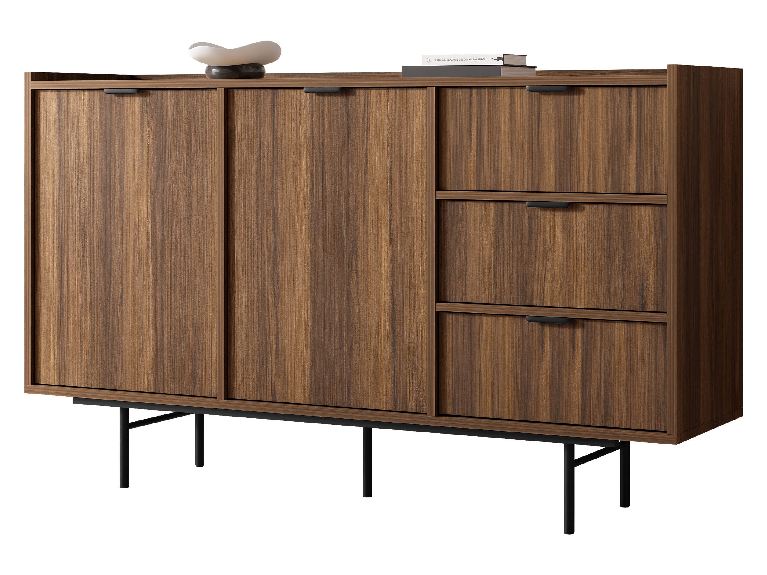 MIRJAN24 Kommode Edison 2D3S (mit zwei Drehtüren und drei Schubladen), 150x40x90 cm, Schwarze Metallgriffe