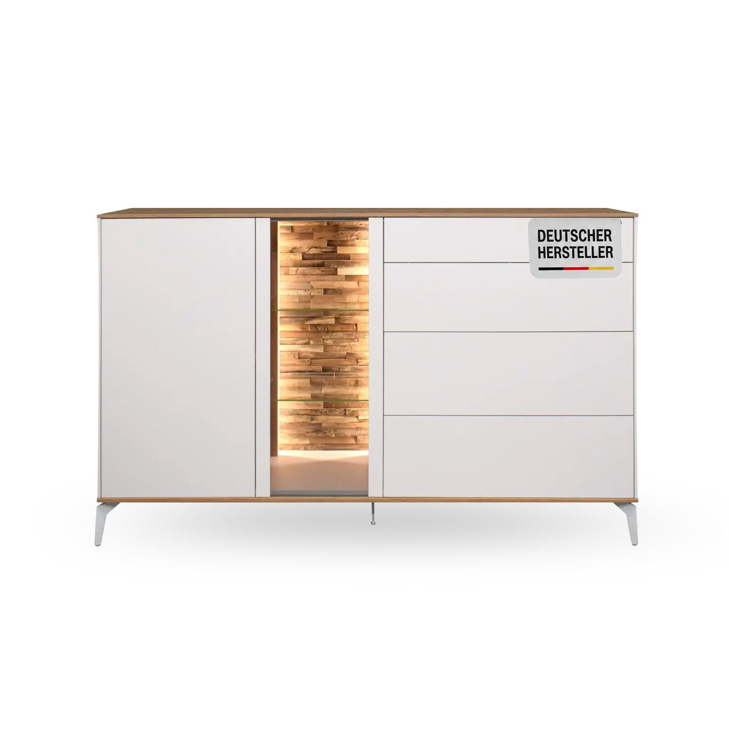 Storado Sideboard Faro 159–169×103×42cm, Sideboard mit Metallfüßen, Farbe wählbar, LED-Beleuchtung, Push-to-open und gedämpfte Türen