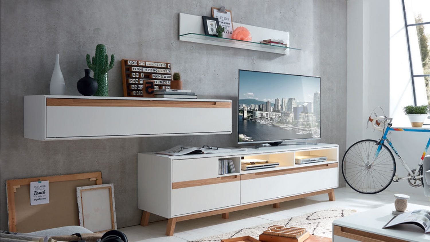 Möbel Akut Wohnwand Wohnwand Light Line 5 weiß matt Lack Eiche massiv TV-Board