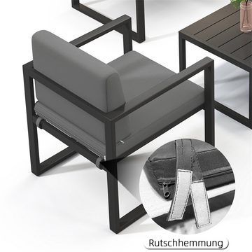 Melko Sitzgruppe Sitzgarnitur Aluminium Gartenset wetterfest Essgruppe Grau Lounge, (Set, 4-tlg., Möbelset bestehend aus 2er Sitzer Sofa, 2 Sessel und Beistelltisch), wasserabweisende Kissen mit Bändern zum Befestigen am Sessel