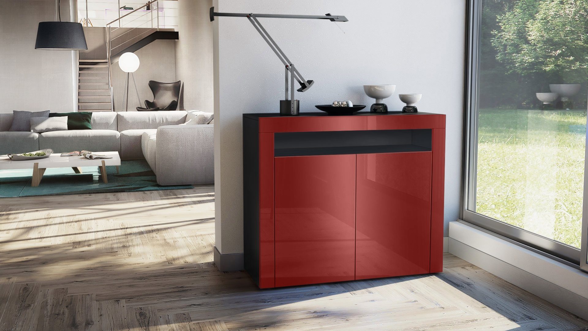 Vladon Kommode Valencia (Kommode, Sideboard mit 2 Türen und 1 offenem Fach), Schwarz matt/Bordeaux Hochglanz/Bordeaux Hochglanz (108 x 92 x 40 cm)