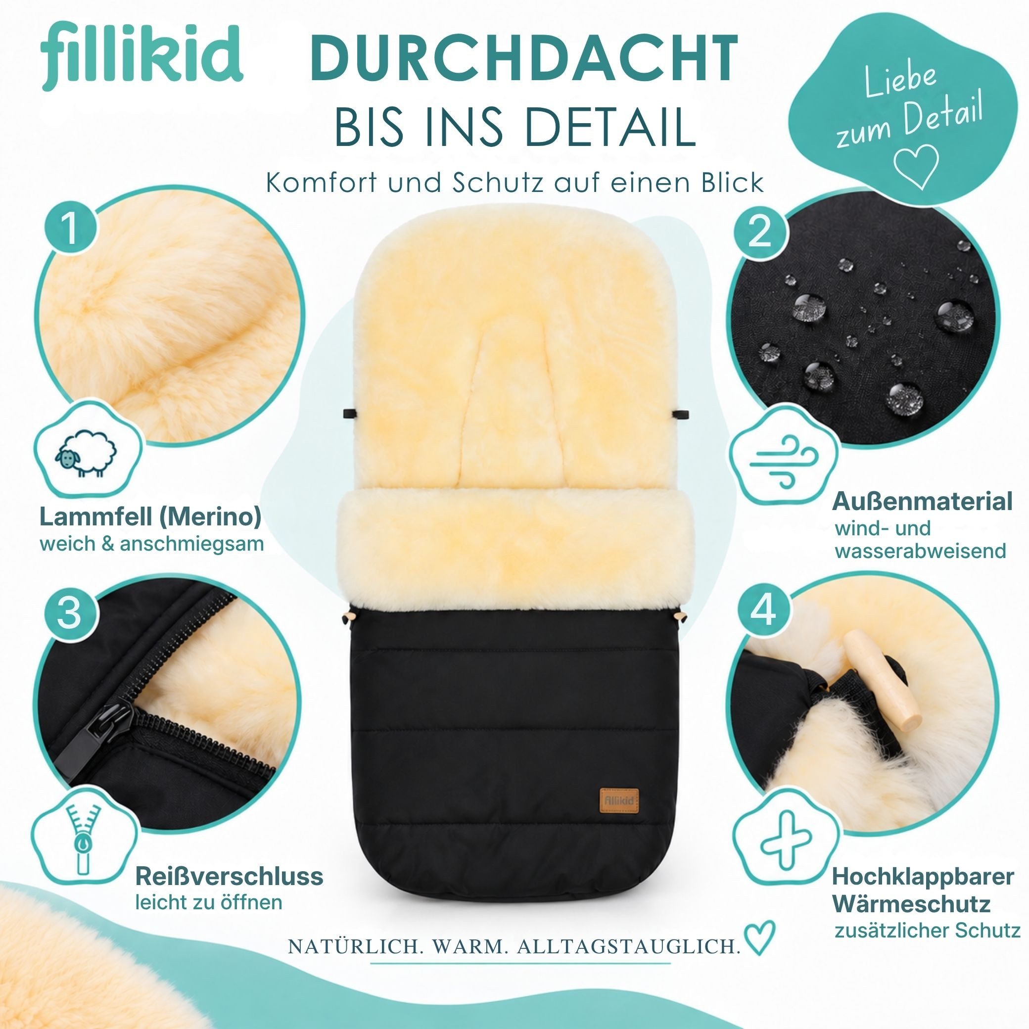 Fillikid Fußsack Winterfußsack Bernina Lammfell Exklusiv, Warmer Winterfußsack mit echtem Merino-Lammfell wasserabweisend und – Bild 3 von 5