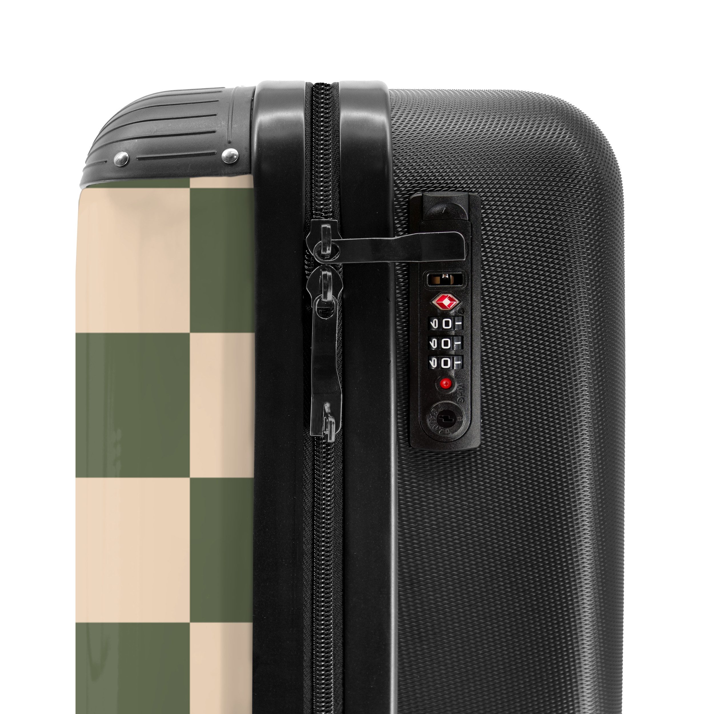 NoBoringSuitcases.com© Hartschalen-Trolley Grün mit beigem Schachbrettmuster 55x35x20cm, 4 Rollen, Reisekoffer mit 4 Rollen, Carry on luggage, Männer