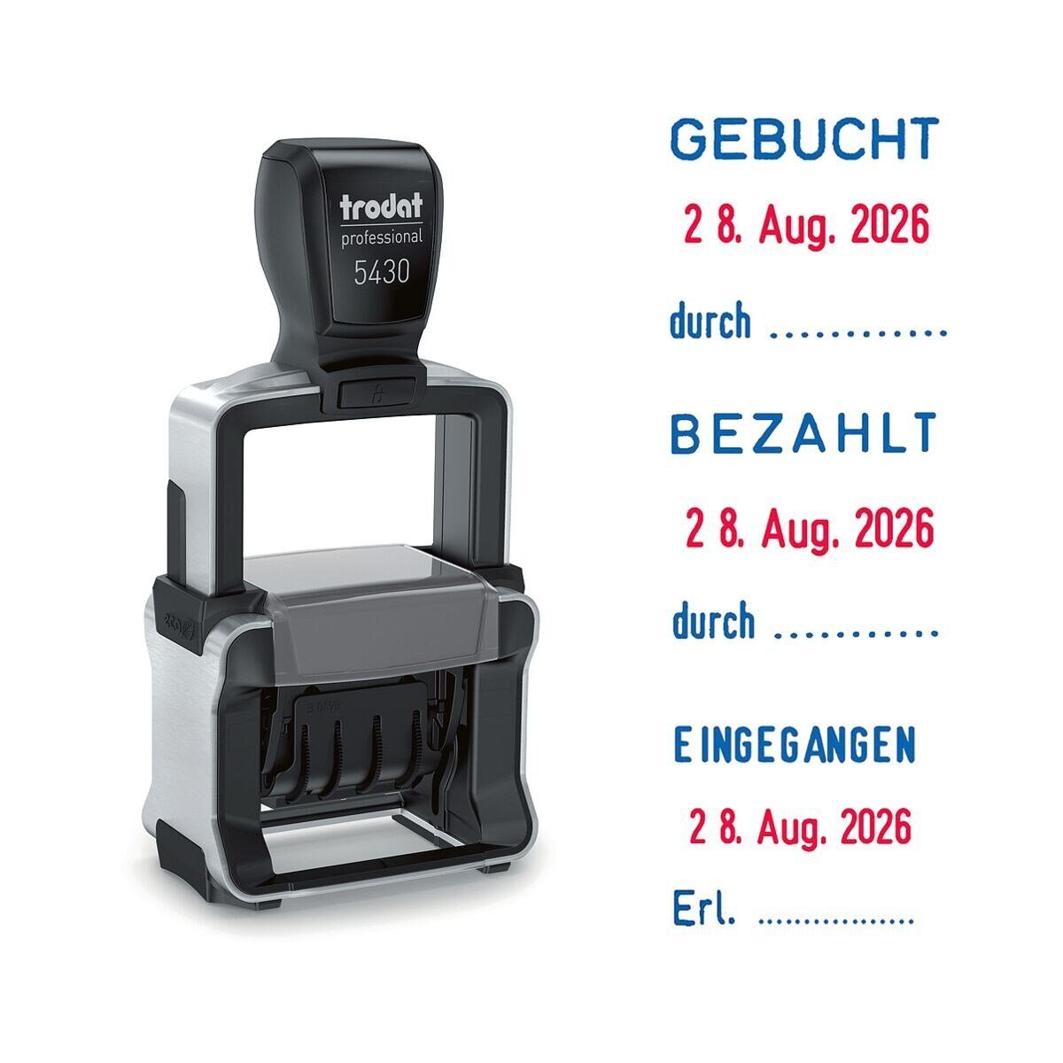 TRODAT Stempel 5430/L, tauschbare Textplatten: Eingegangen, Bezahlt, Gebucht, selbstfärbend