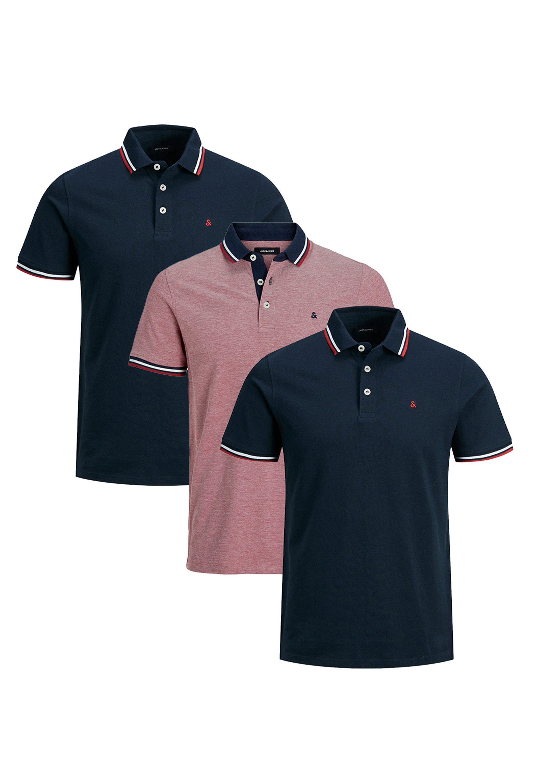 Jack & Jones Poloshirt 3er Pack Paulos - Slim Fit (Spar-Set, 3-tlg) Poloshirt - Baumwolle - Atmungsaktiv - Mit kleinem Markenlogo
