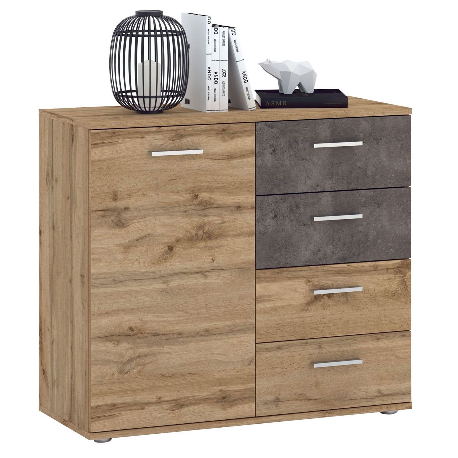 CARO-Möbel Kommode CHICAGO, Kommode Sideboard Highboard 4 Schubladen, 1 Tür in Wotan Eiche/Beton