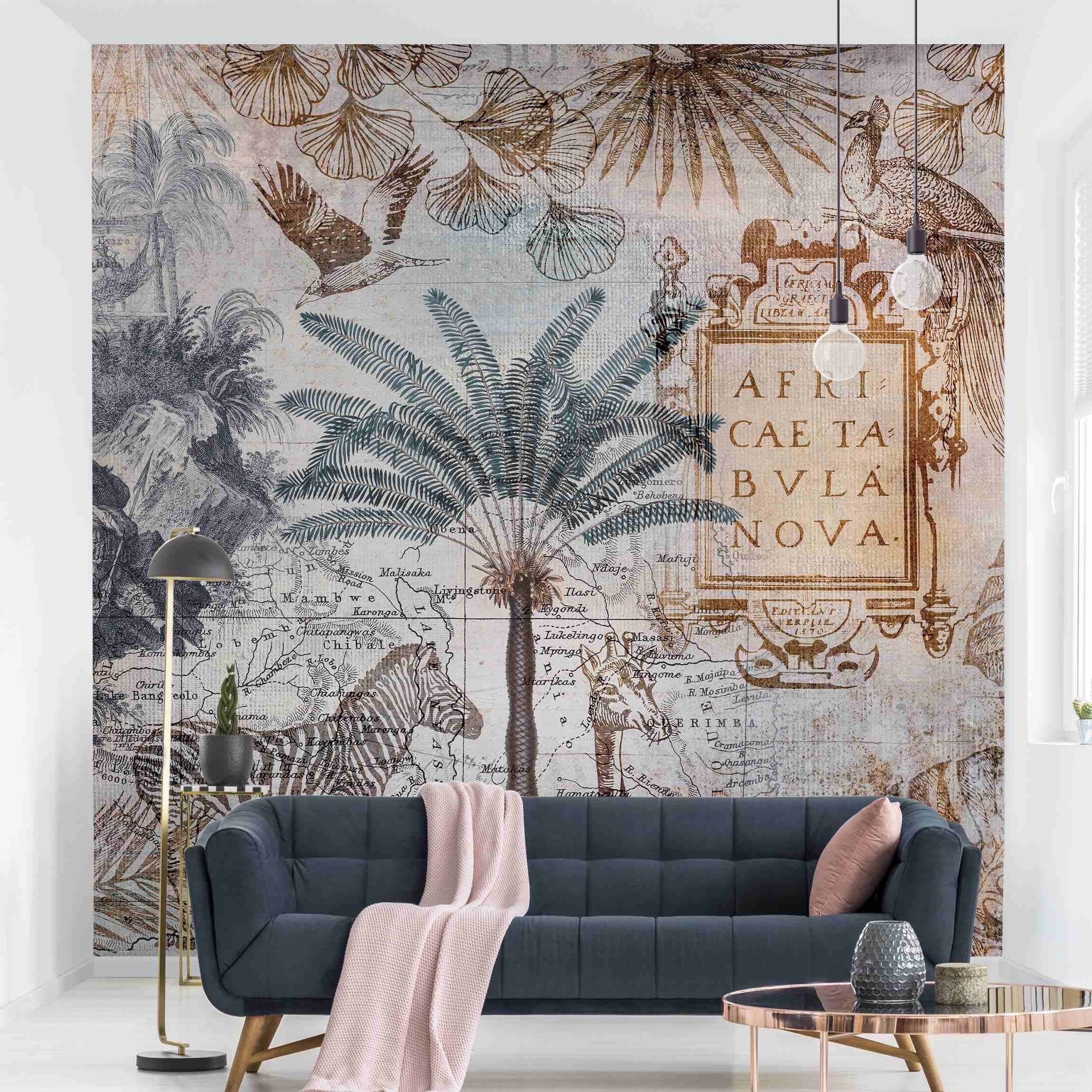 Bilderdepot24 Fototapete Weltkarte Vintage Landkarte Afrika Tiere Palme Tropisch Giraffe, Glatt, Matt, (Vliestapete inkl. Kleister oder selbstklebend), Wohnzimmer Schlafzimmer Küche Flur Motivtapete Vliestapete Wandtapete