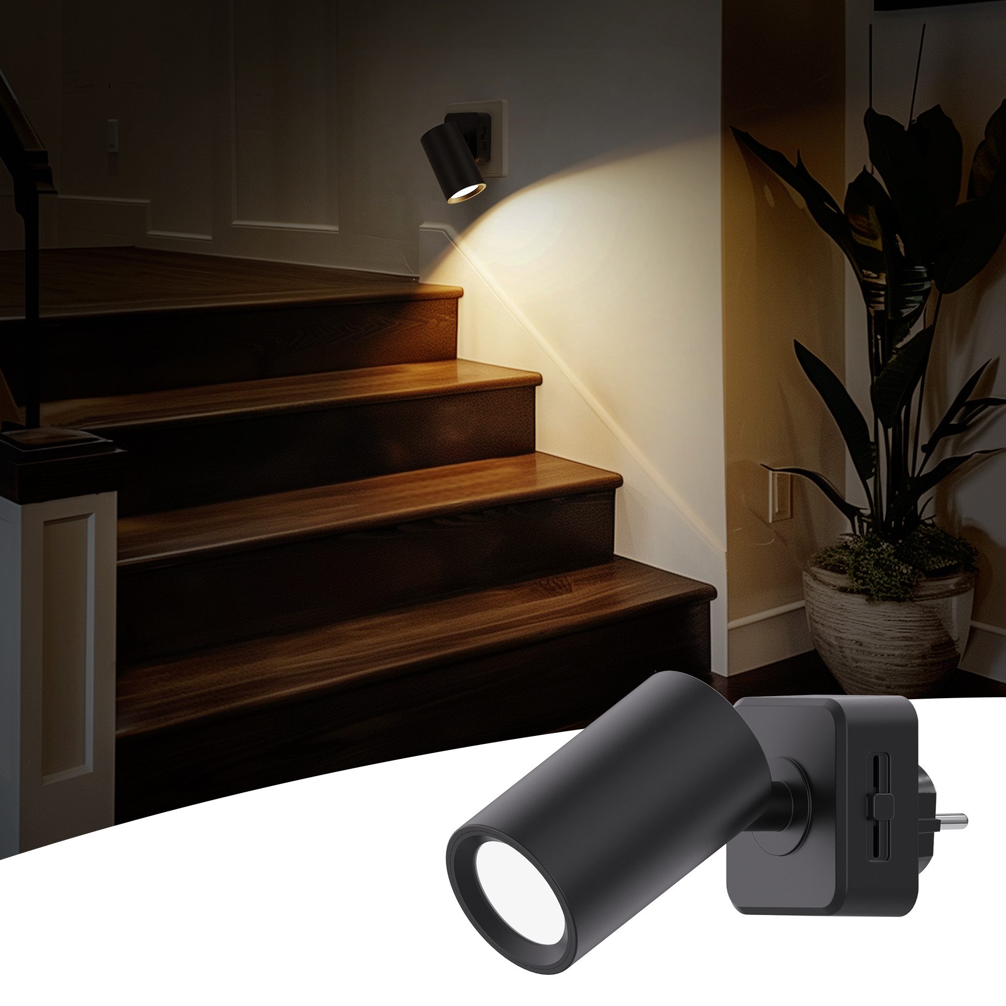 LOHAS-LED Nachtlicht Drehbare Steckdosenleuchte, 1W, 2700K, dimmbar, LED fest integriert, warmweiß, mit Lichtsensor, schwarz, DE‑Stecker