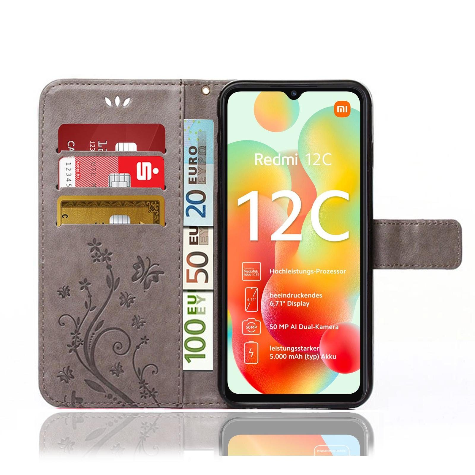 Numerva Handyhülle Bookstyle Flower für Xiaomi Redmi 12C, Handy Tasche Schutzhülle Klapphülle Flip Cover mit Blumenmuster