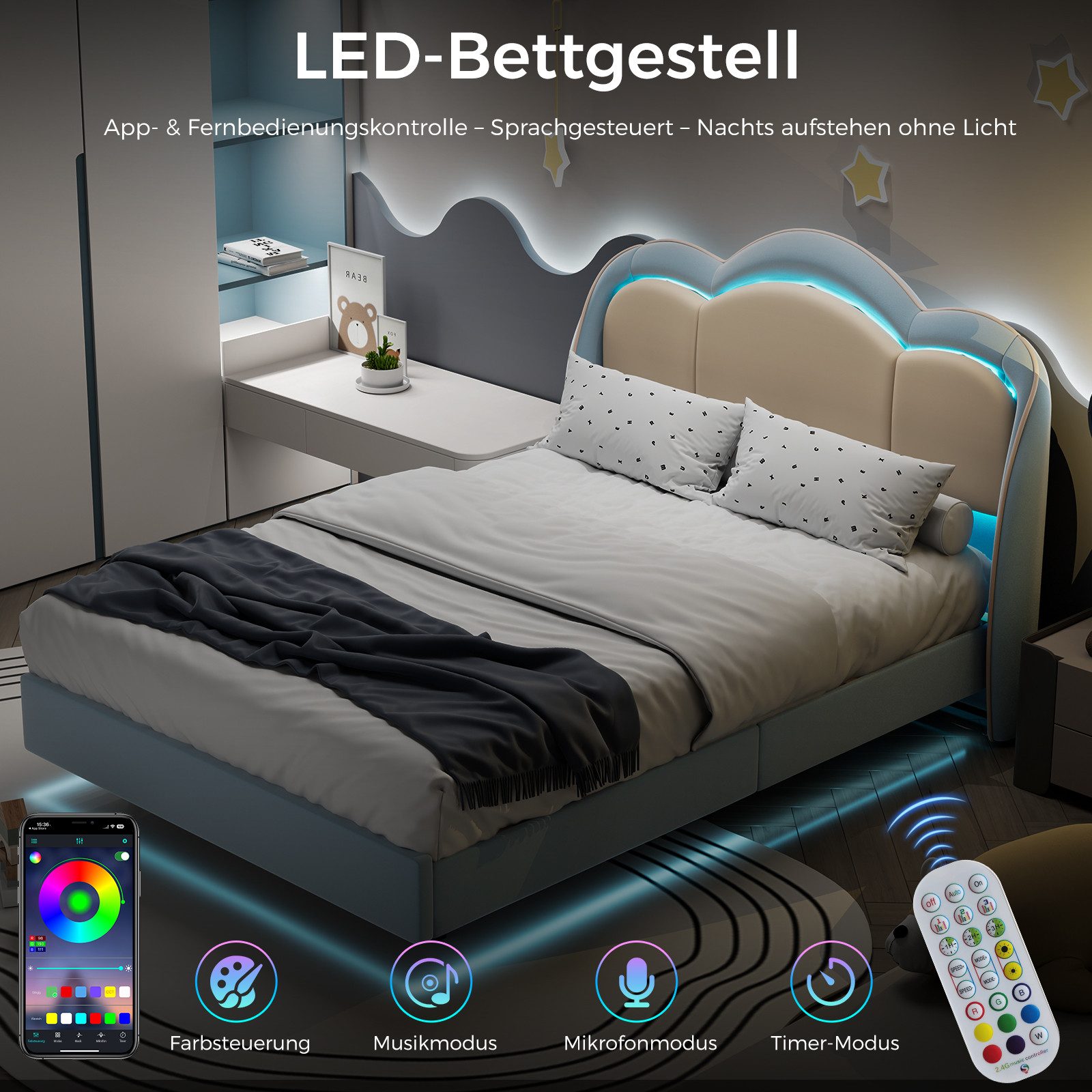 HOMAVO Polsterbett LED-Polsterbett,Tragfähigkeit von bis zu 360 kg, Lattenrost und Metallrahmen, schwebendes Design. – Bild 4 von 5