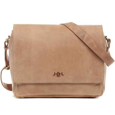 SID & VAIN Messenger Bag Leder Umhängetasche Unisex SPENCER, Laptoptasche 15 Zoll Echtleder, Businesstasche Damen Herren beige