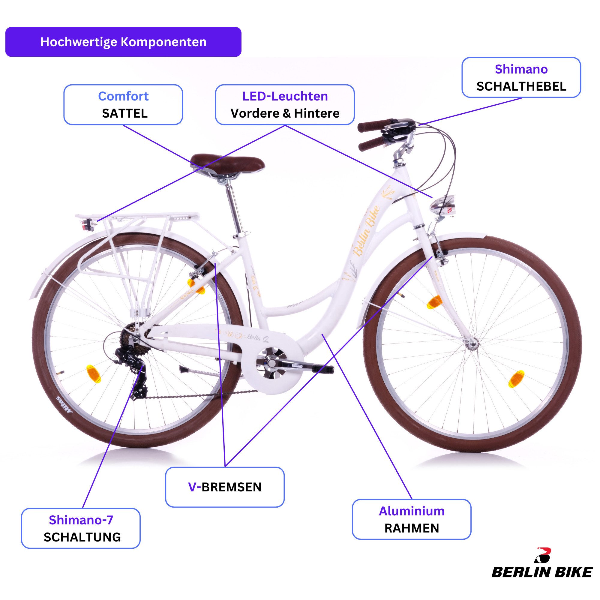 BERLIN BIKE Cityrad Bella 2 Damen Hollandrad 28 Zoll – Alurahmen & Shimano 7‑Gang, Shimano RD-TY300 Schaltwerk, Kettenschaltung, (Set, Shimano 7-Gang-Schaltung), mit 28" x 2,00" luftreifen – perfekt für stadt & alltag