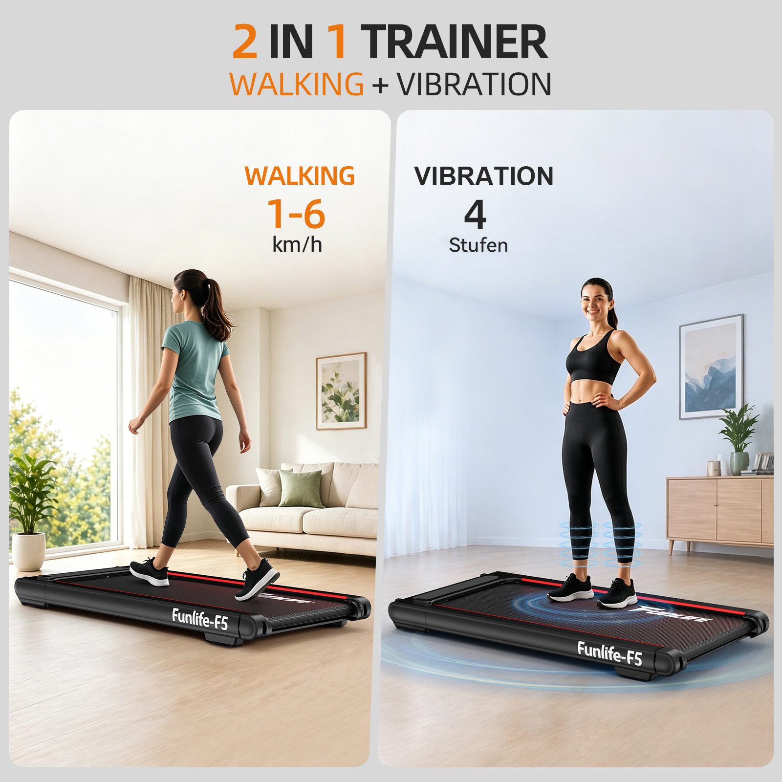 FunLife Laufband 2-in-1 Walking Pad mit Vibrationstraining (Einzelgerät, Bewegung & Entspannung), Homeoffice geeignet · extra leise · 4 Vibrationsstufen