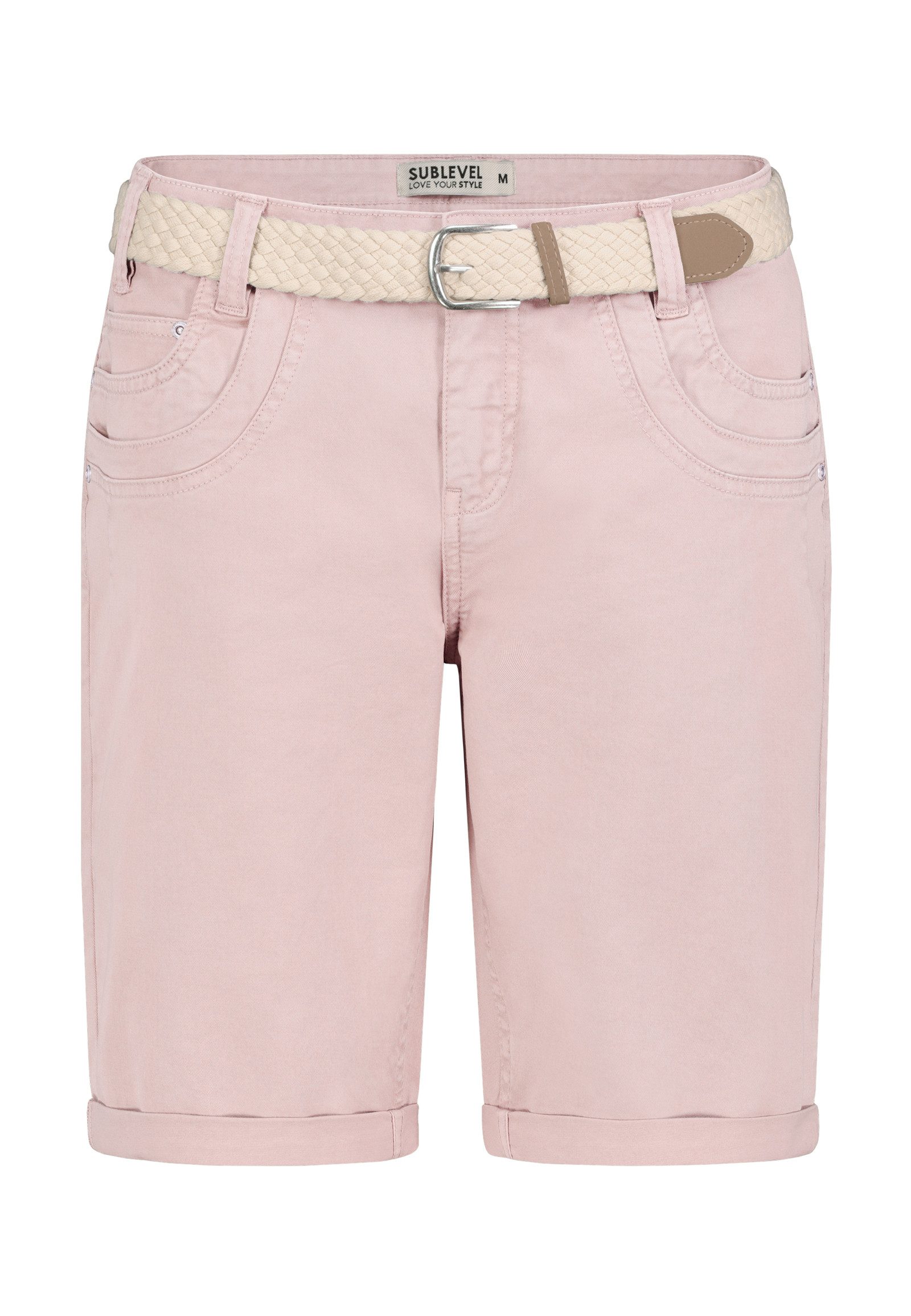 SUBLEVEL Bermudas Damen Sommer Stoffhose kurz mit buntem Flechtgürte Sommerhose, kurze Chinohose, Shorts mit Gürtel