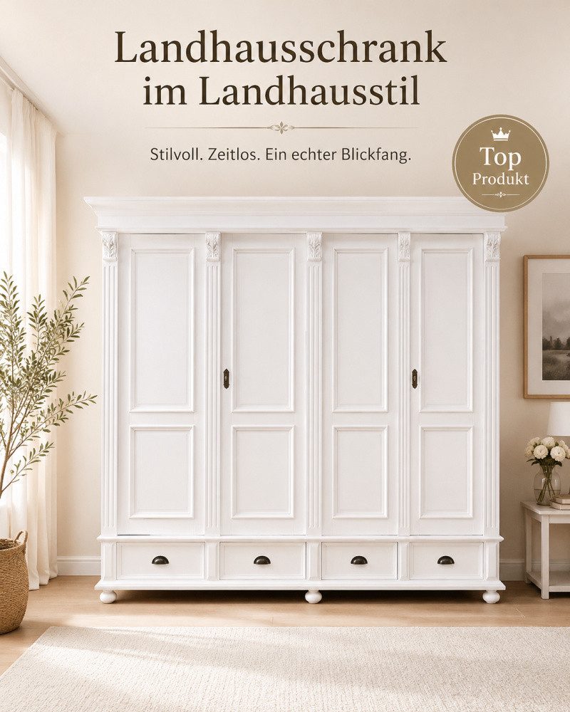 Wohnpalast Kleiderschrank Premium Landhaus Schrank 4 Türig Massivholz zerlegbar Kleiderschrank