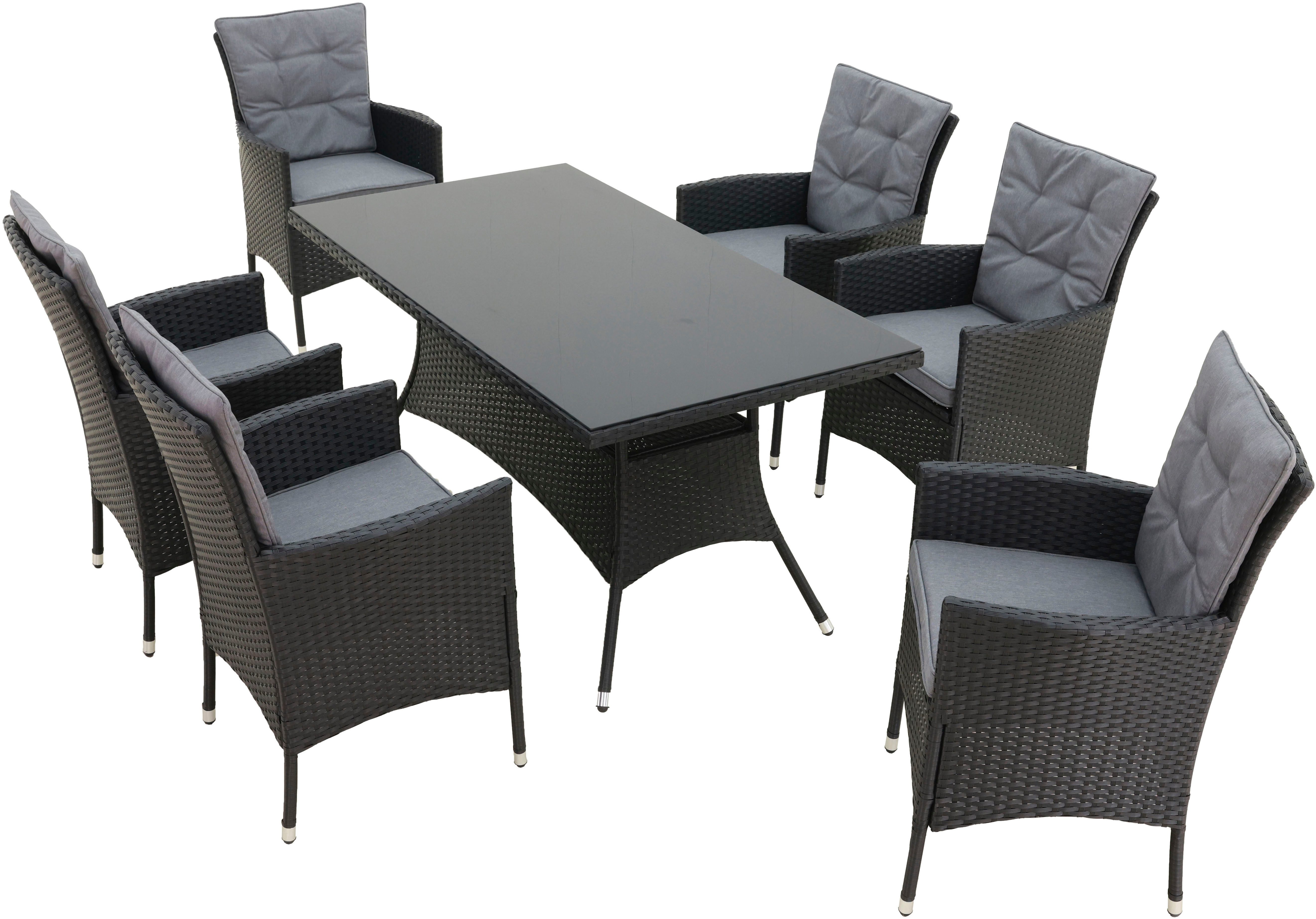 KONIFERA Garten-Essgruppe Mailand, (Set, 19-tlg., 6x Sessel, 6x Sitzauflagen, 6x Rückenauflagen, 1x Tisch), 6 Sessel, 6 Sitz,- und 6 Rückenkissen, 1 Tisch, 1 Gratis Schutzhülle. Reduzierter Preis € 449,99. Unverbindliche Preisempfehlung € 1.199,00