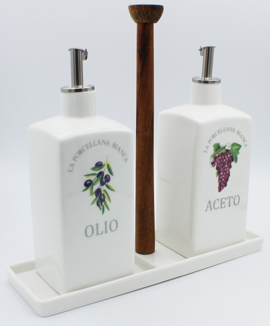 La Porcellana Bianca Menage-Set Essigspender Ölspender und Halterung 250ml Porzellan, (3-tlg), im Geschenkkarton