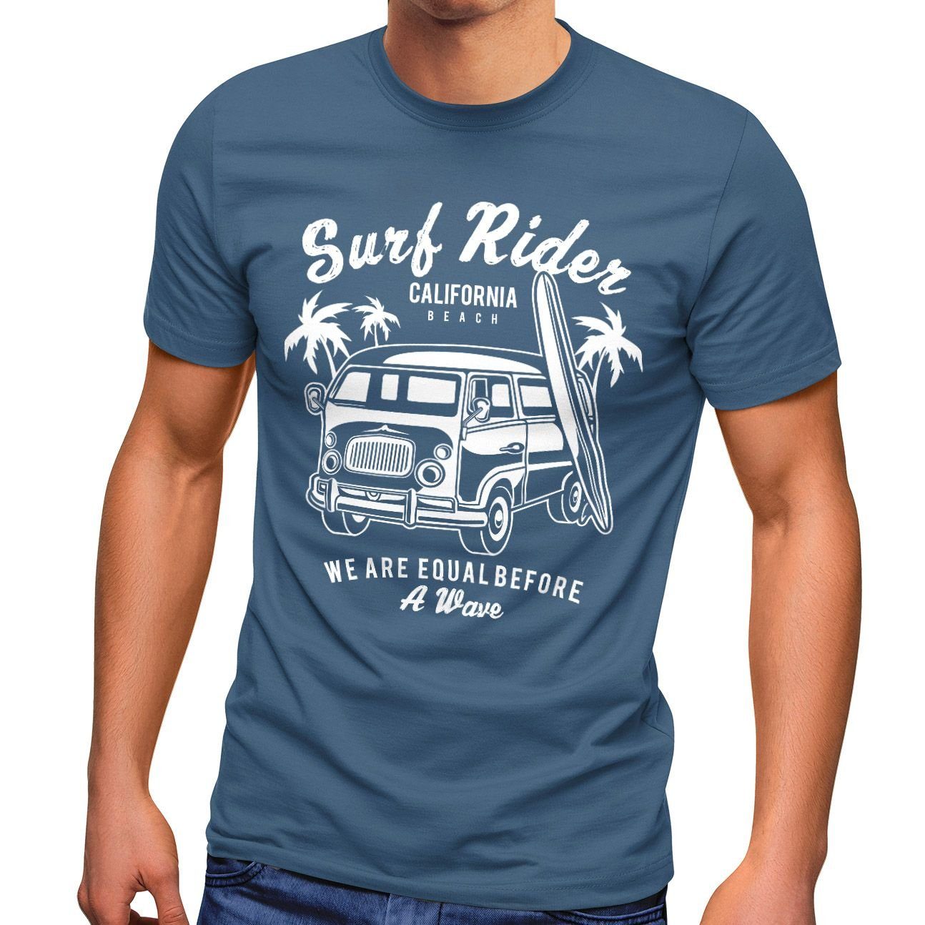 Neverless Print-Shirt Herren T-Shirt Bus Surfing Retro Slim Fit Neverless® mit Print blau