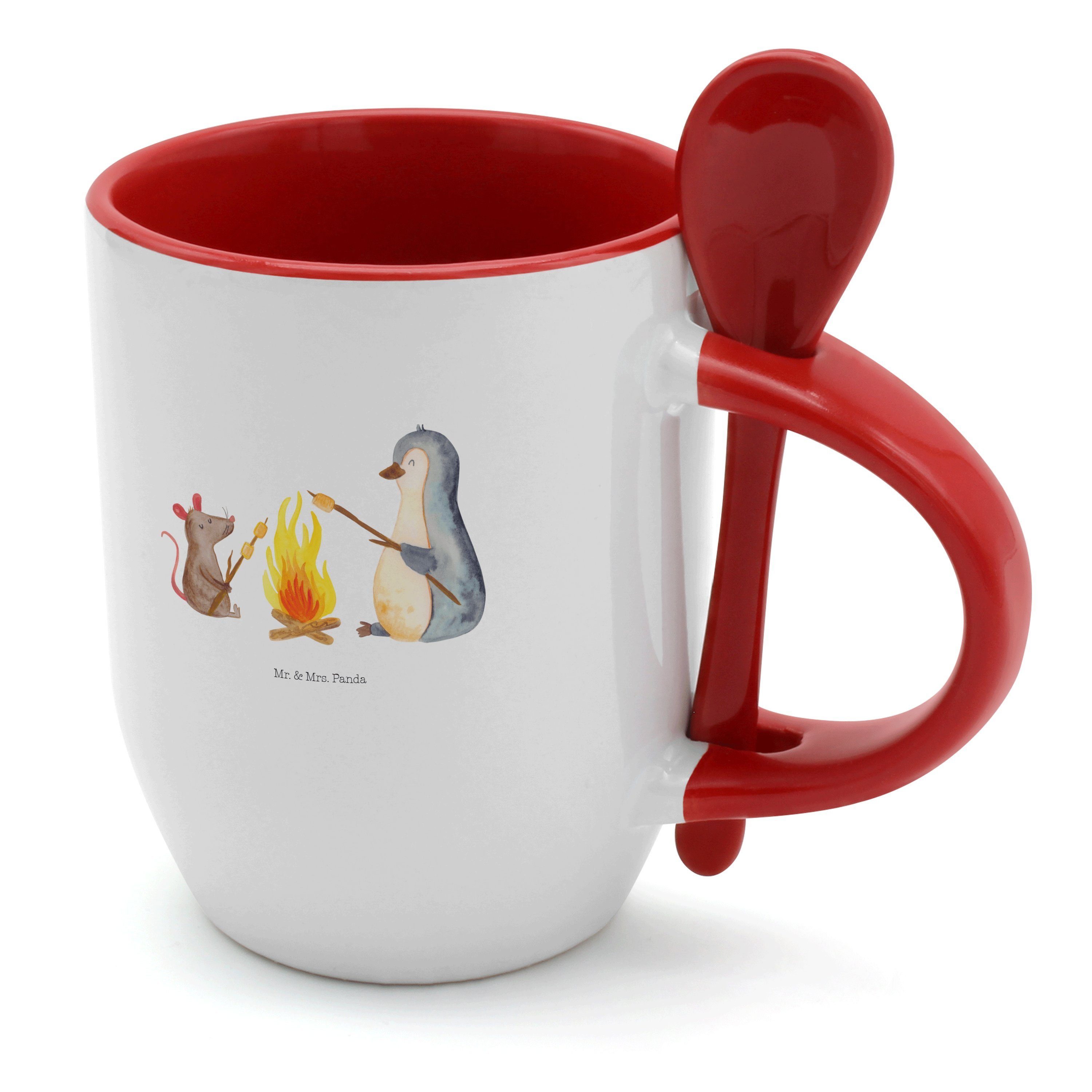 Mr. & Mrs. Panda Tasse Pinguin Lagerfeuer - Weiß - Geschenk, Tasse mit Spruch, Arbeit, Tasse, Keramik