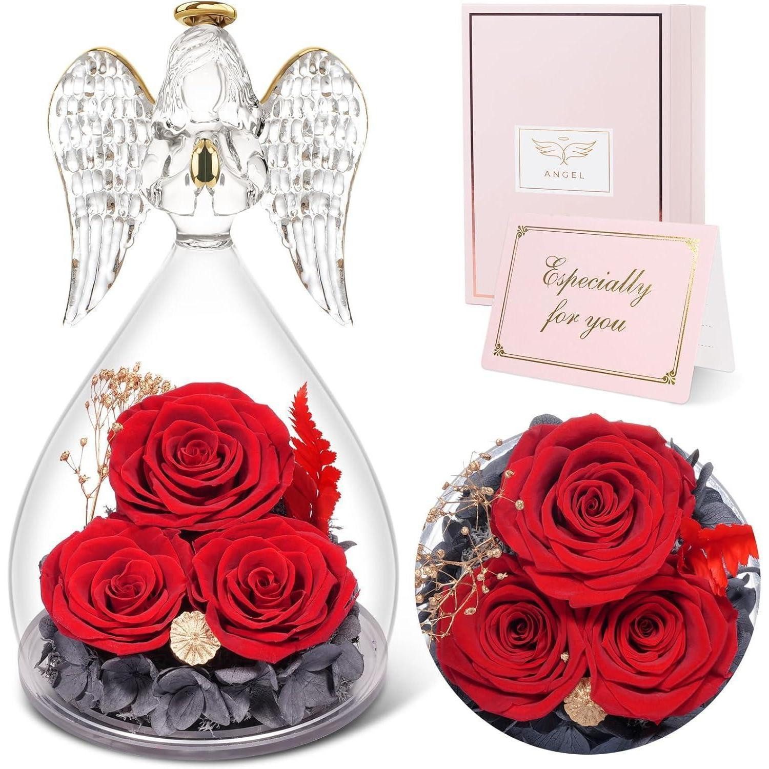 Trockenblume Ewige Rose Engel Geschenkbox 3 Rosen im Glas, Angel Infinity Rose für, LuxusKollektion, Höhe 12.7 cm
