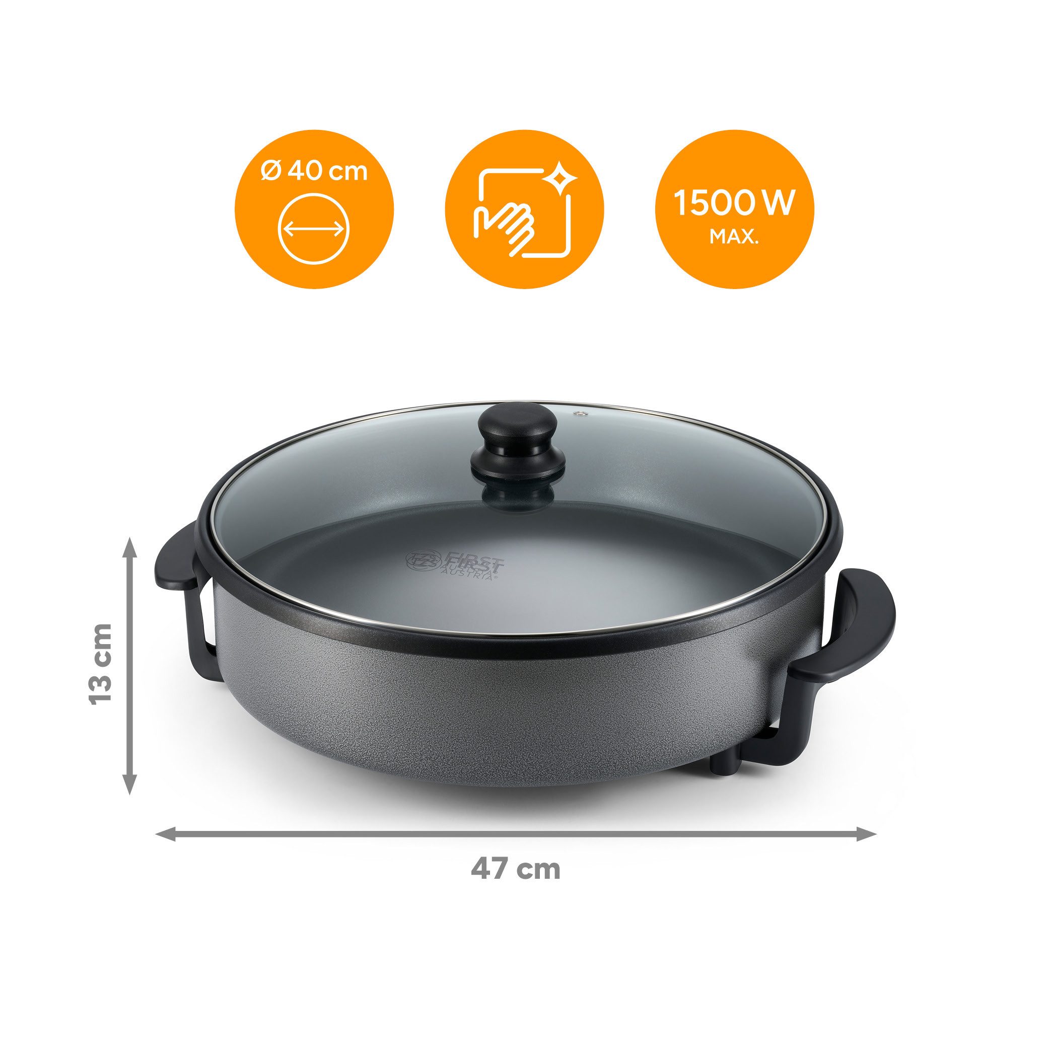 TZS FIRST AUSTRIA Elektrische Multipfanne 6,5L, 1500W, 5 Temperatureinstellungen, 240°C Thermostat & Glasdeckel, 1500 W, 40 cm, Partyfanne mit Antihaftbeschichtung, Aufheizleuchte