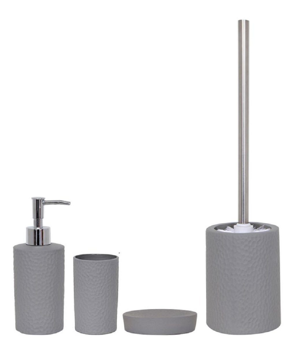 MSV Badaccessoires-Sets FIDJI, Zubehör-Set aus robuster Keramik, 4 tlg., bestehend aus: WC-Bürste, Seifenspender, Zahnputzbecher, Seifenschale, elegante Struktur-Oberfläche 3D Effekt, taupe beige matt, Komplett-Set Badezimmerzubehör, 4-tlg.
