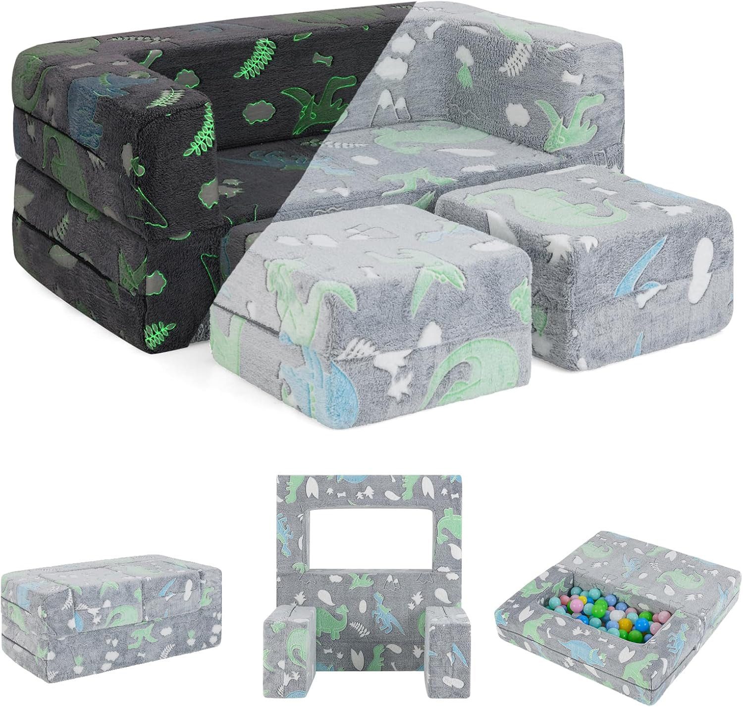 KOMFOTTEU Kindersofa, ausklappbar mit leuchtenden Mustern & abnehmbarem Flanellbezug