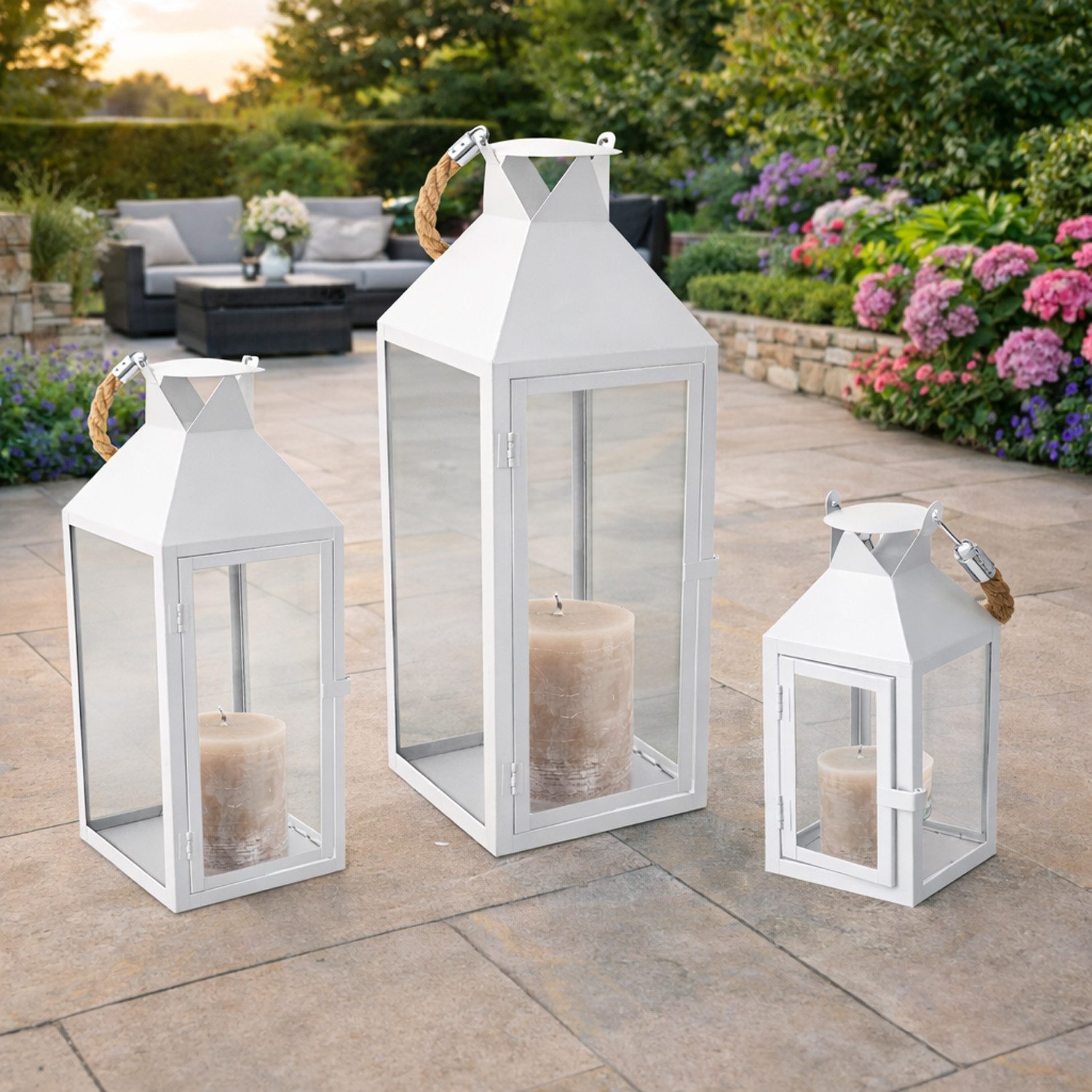 Mojawo Laterne 3er Laternen Set Stalllaterne Windlicht Weiß Metall H25/40/51cm