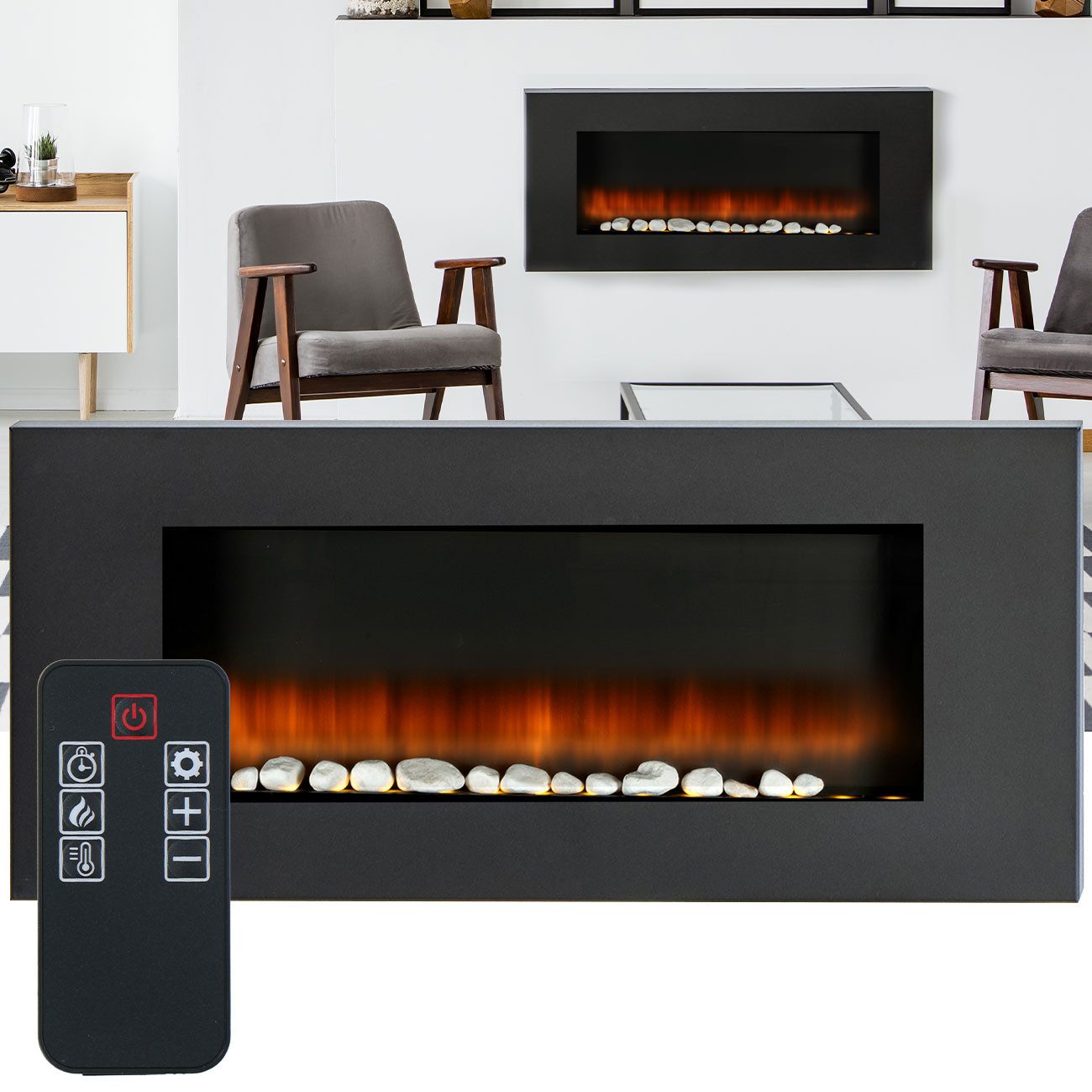 Classic Fire Dekokamin Luxus Wandkamin 2000W, LED-Flammeneffekt, Thermostat & Timer 105cm, Elektrischer 2000W Wandkamin mit 105cm LED-Flammeneffekt & Timer
