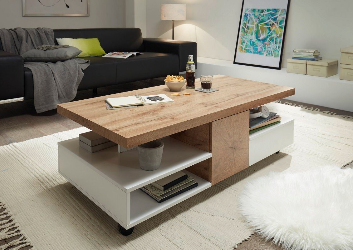 MCA furniture Couchtisch Couchtisch Rennes, auf Rollen, 120x60, Eichefarben / weiß matt (no-Set), Breite 120 cm,Tischplatte aus MDF