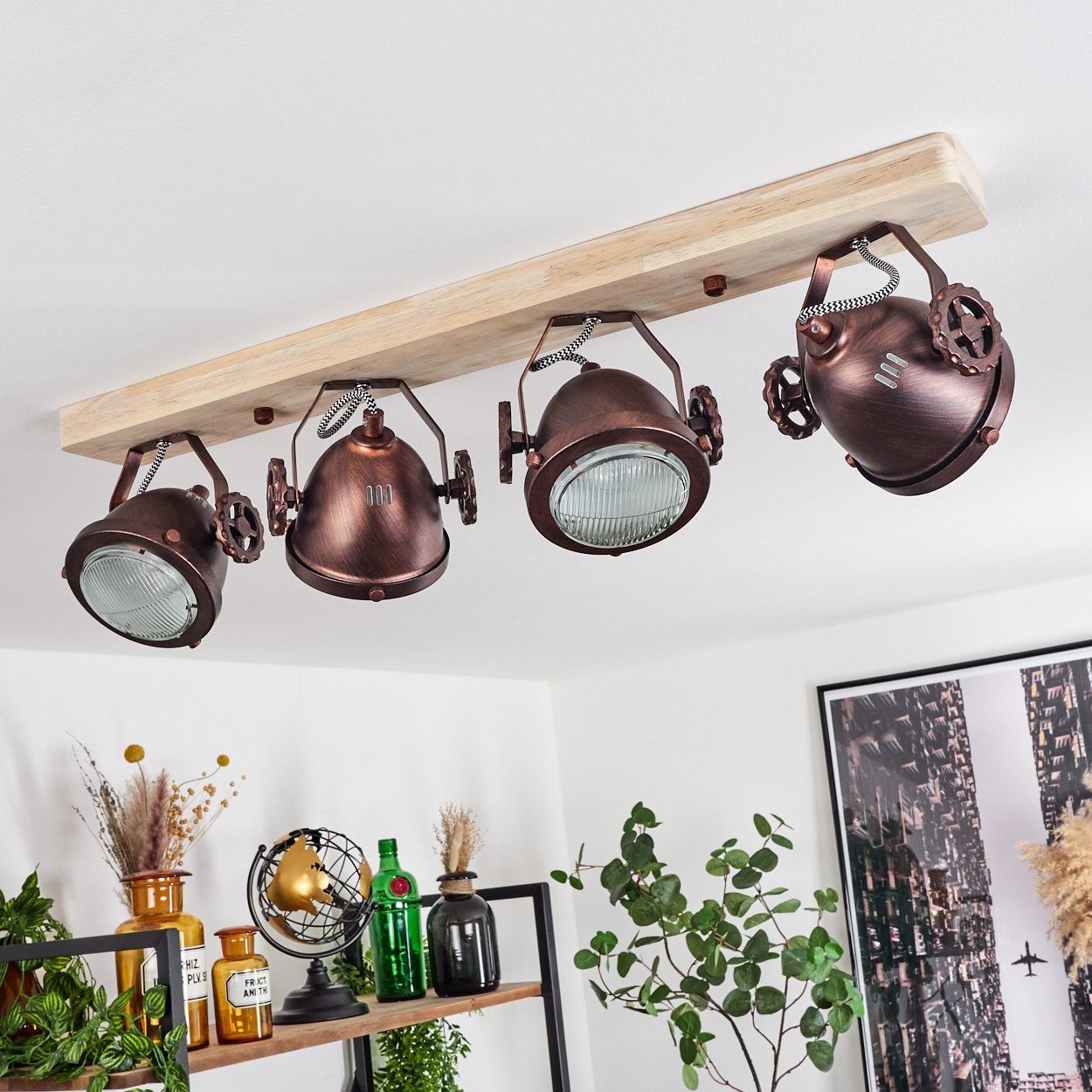 hofstein Deckenleuchte »Biati« verstellbare Deckenlampe, Metall/Holz/Glas, Rost/Braun/Natur, ohne Leuchtmittel, 4xGU10, dreh-/schwenkbarer Spot,m. Textilkabeln, Klar