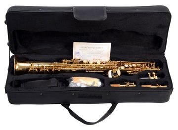 Classic Cantabile Saxophon SS-450 Sopran Saxophone gerade, Messing, (Sopran Sax, Set mit Koffer, Mundstück, S-Bögen, Putztuch und Handschuhe), Sopransaxophon, Hoch-Fis-Klappen, ergonomische Klappenmechanik